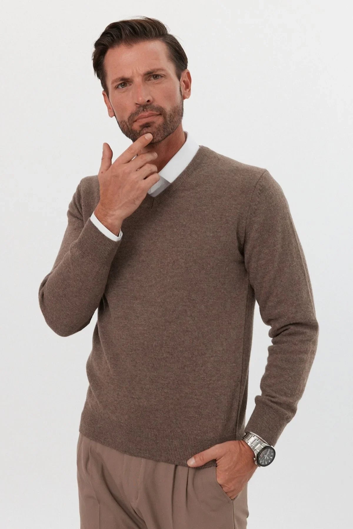 Erkek Yünlü Normal Kalıp V Yaka Standart Fit Triko Kazak