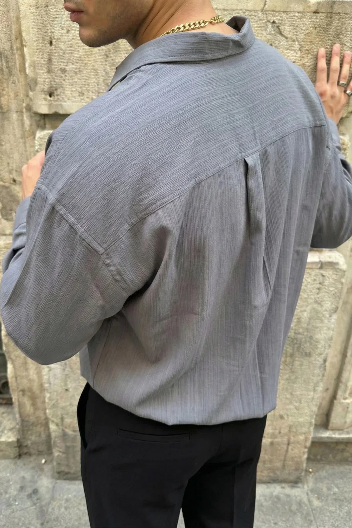 Hive Premium Oversize Erkek Gömlek Kendinden Çizgili - Livio Ferri