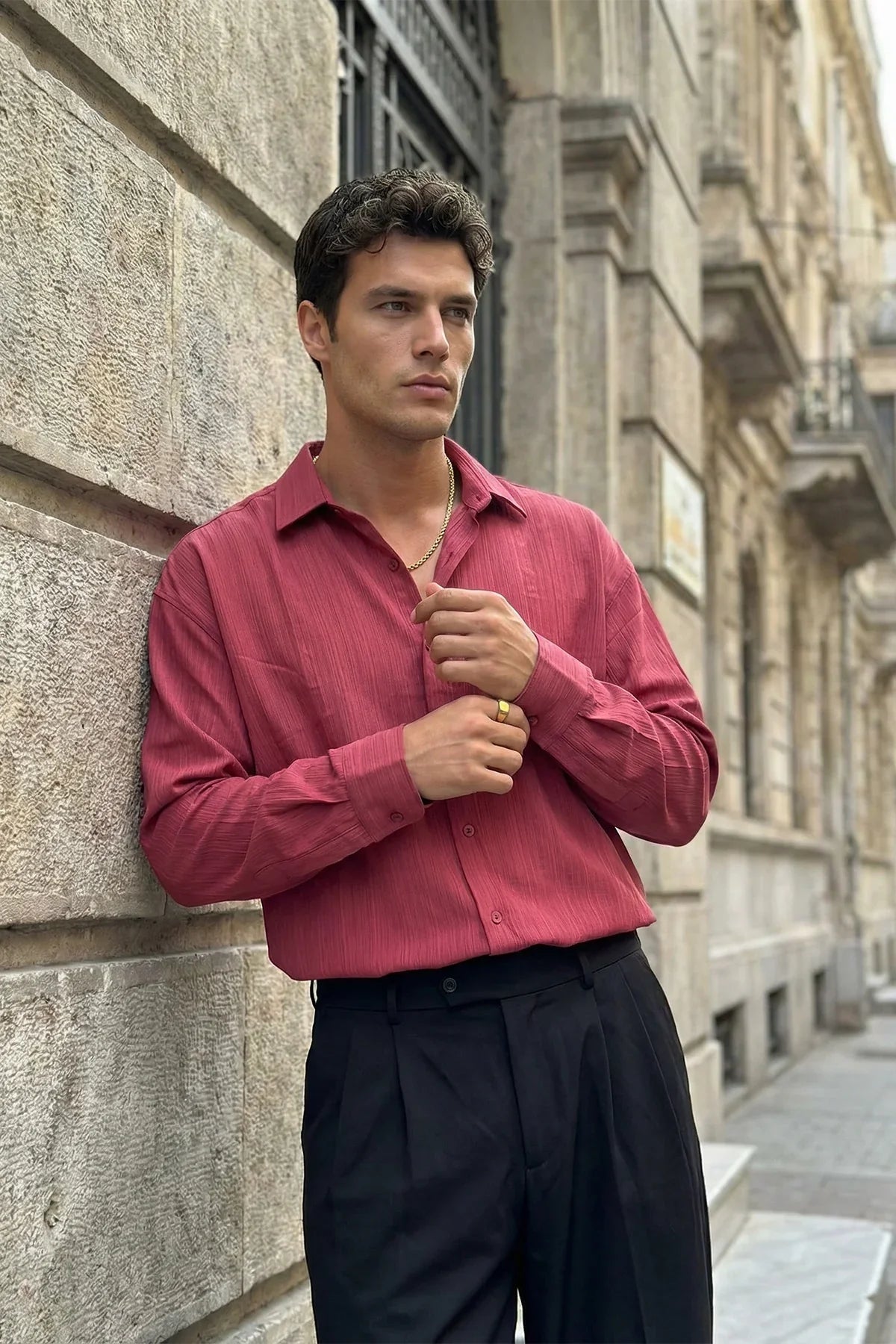 Hive Premium Oversize Erkek Gömlek Kendinden Çizgili - Livio Ferri