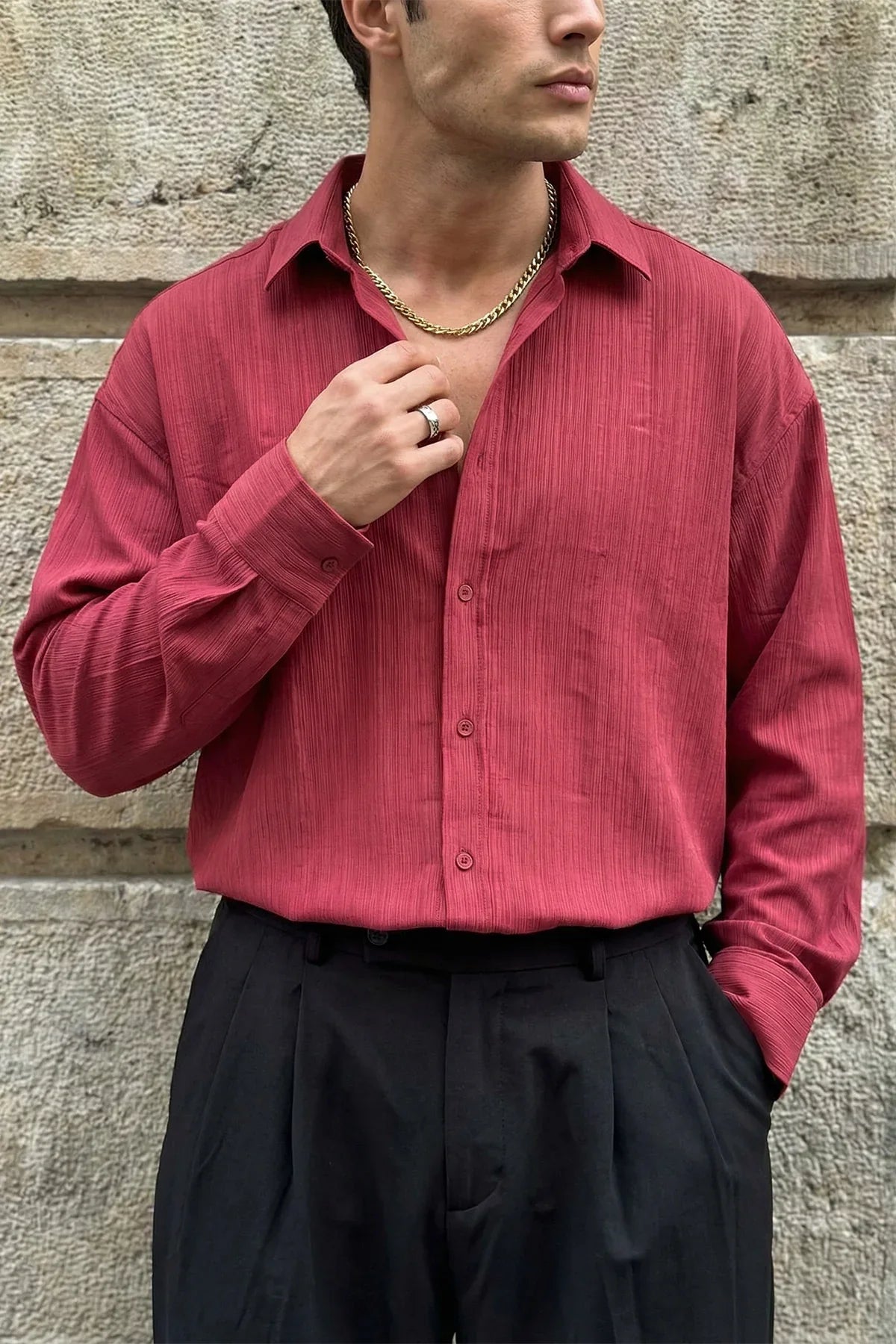 Hive Premium Oversize Erkek Gömlek Kendinden Çizgili - Livio Ferri