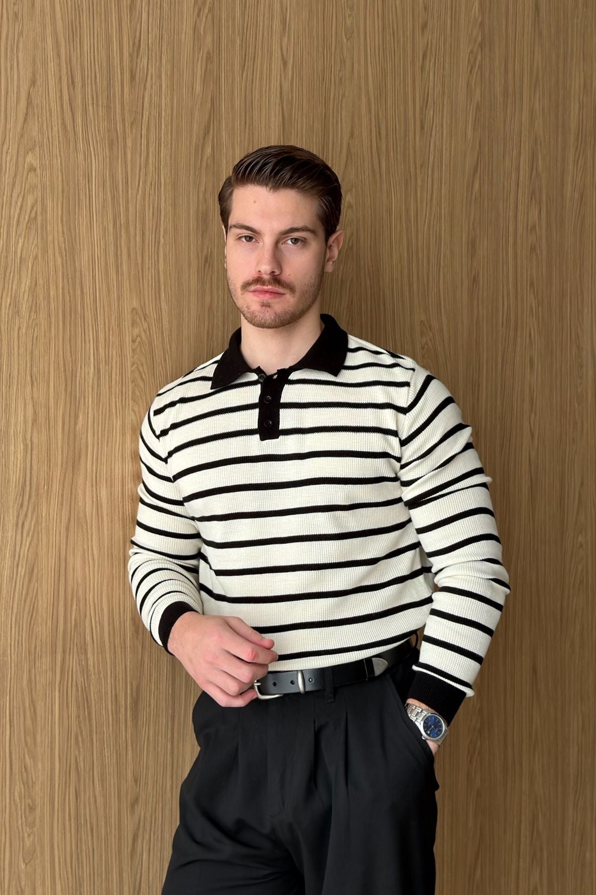 Kami Çift Renk Çizgili Düğmeli Polo Yaka Regular Fit Erkek Triko Kazak