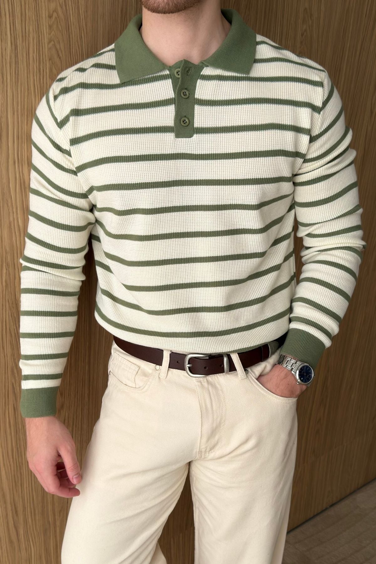 Kami Çift Renk Çizgili Düğmeli Polo Yaka Regular Fit Erkek Triko Kazak