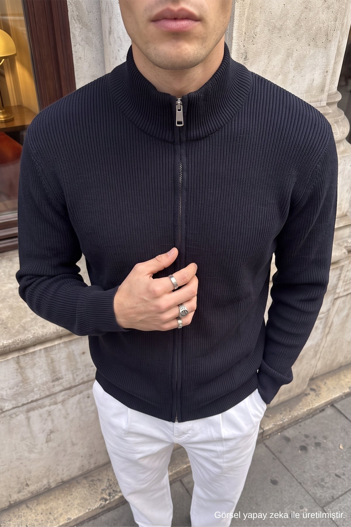 Kayes Fitilli Kumaş Dik Yaka Fermuarlı Regular Fit Erkek Triko Hırka