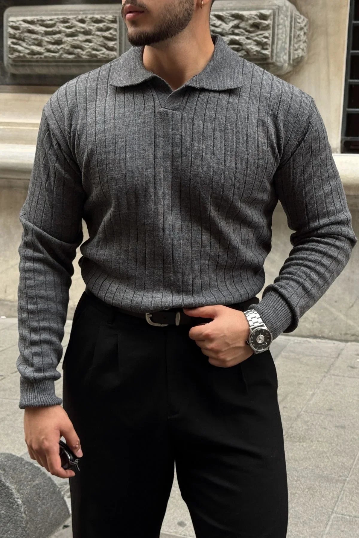 Kimi Fitilli Erkek Triko Polo Yaka Regular Kalıp Uzun Kollu Tişört