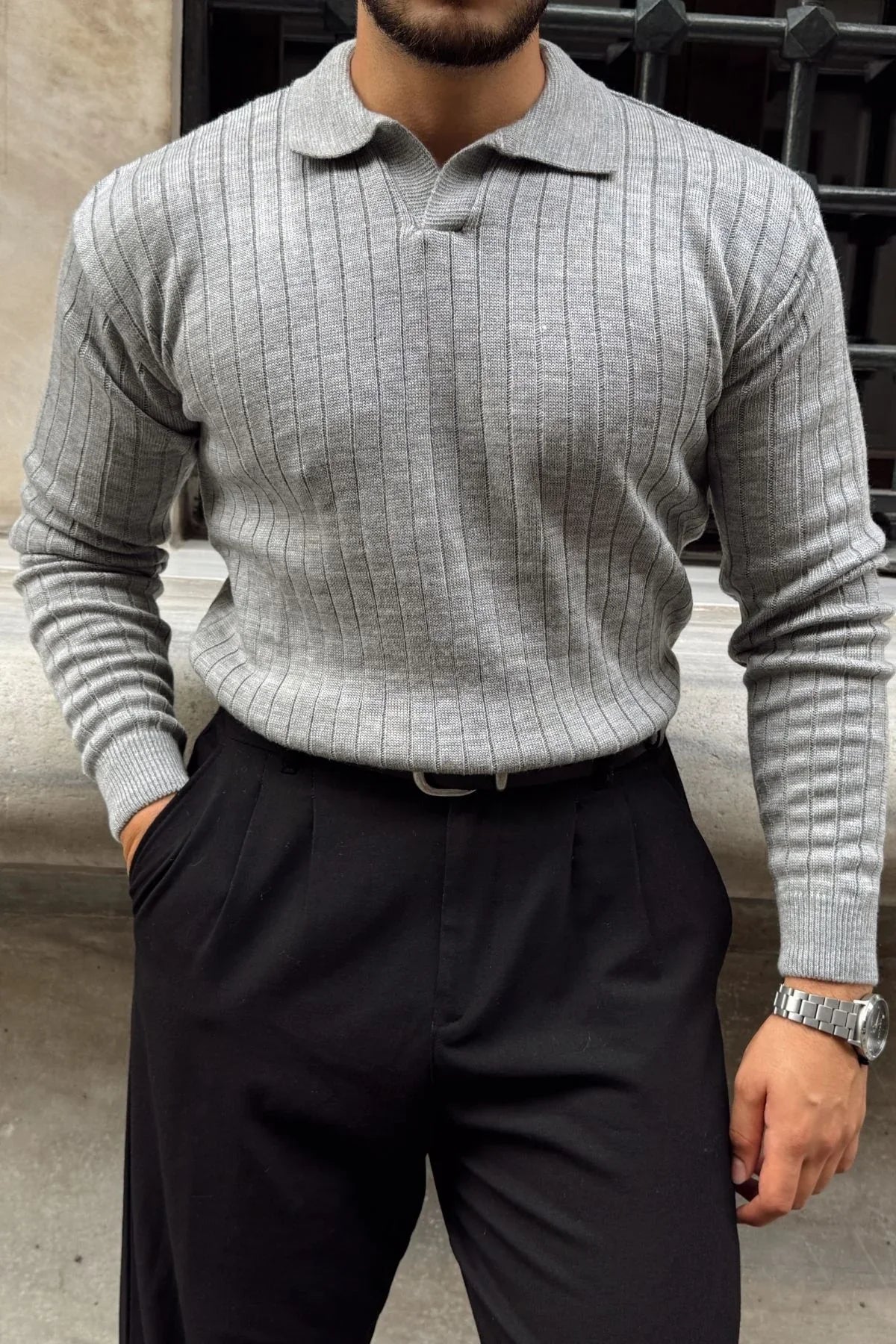 Kimi Fitilli Erkek Triko Polo Yaka Regular Kalıp Uzun Kollu Tişört