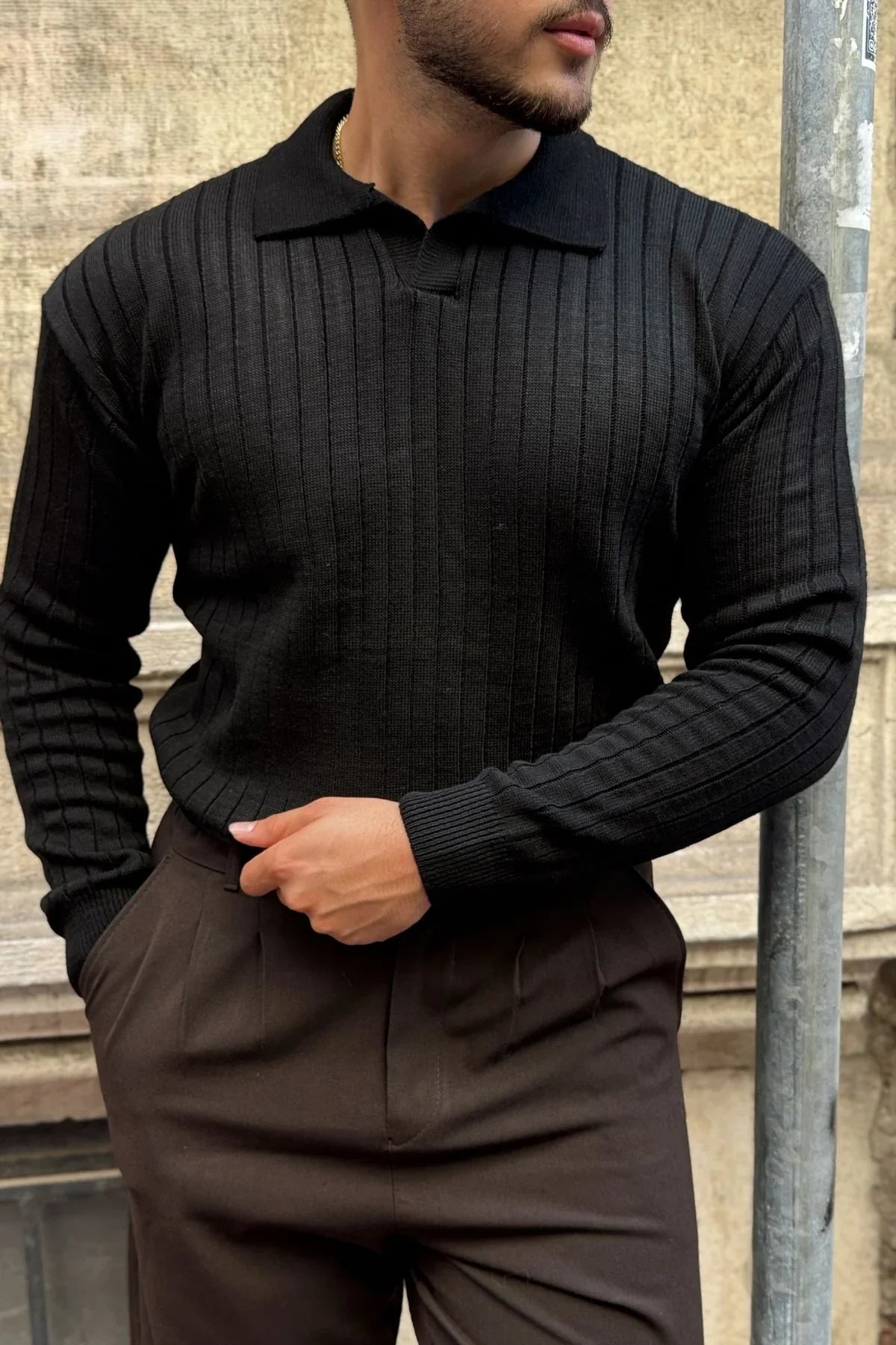 Kimi Fitilli Erkek Triko Polo Yaka Regular Kalıp Uzun Kollu Tişört