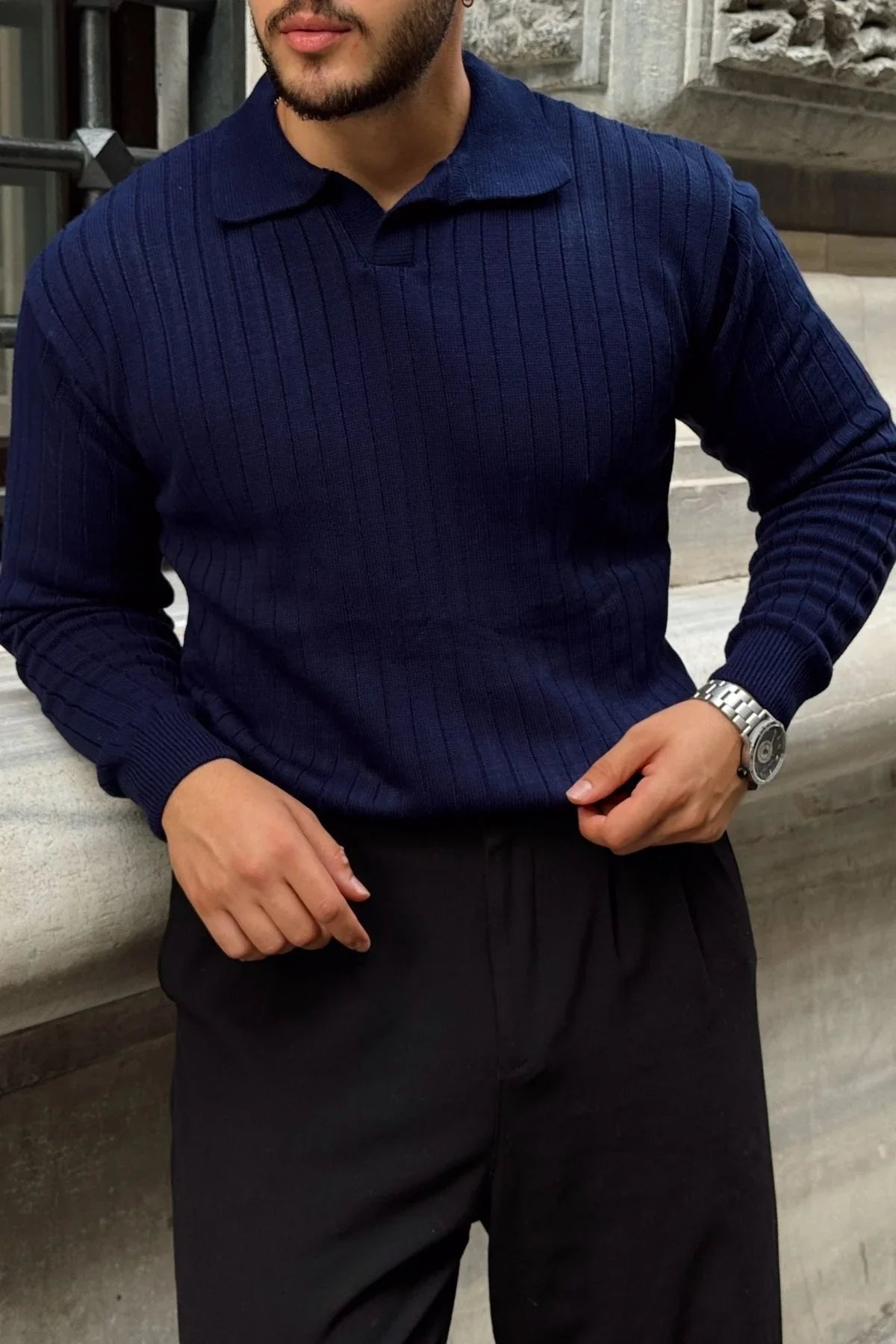 Kimi Fitilli Erkek Triko Polo Yaka Regular Kalıp Uzun Kollu Tişört