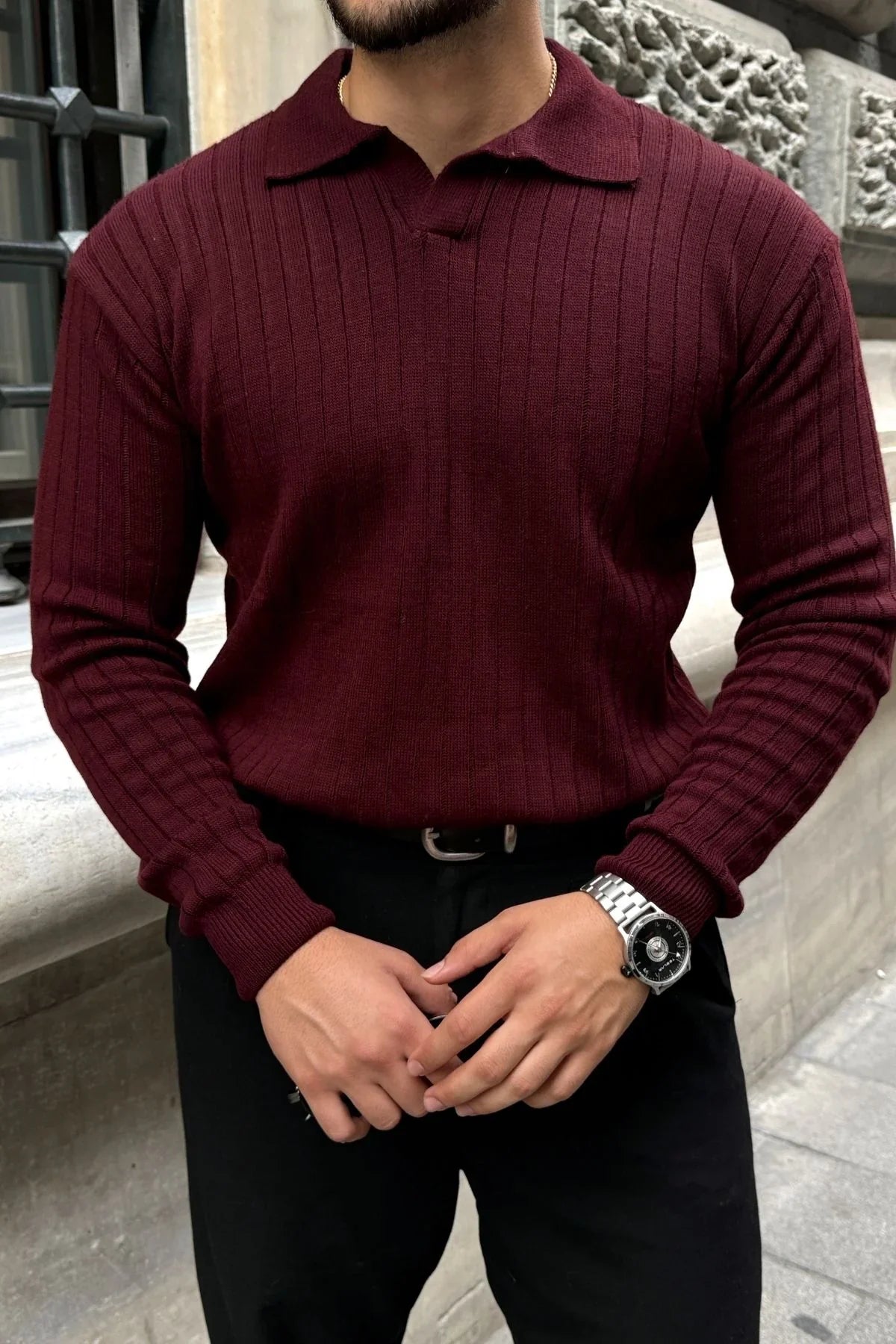 Kimi Fitilli Erkek Triko Polo Yaka Regular Kalıp Uzun Kollu Tişört