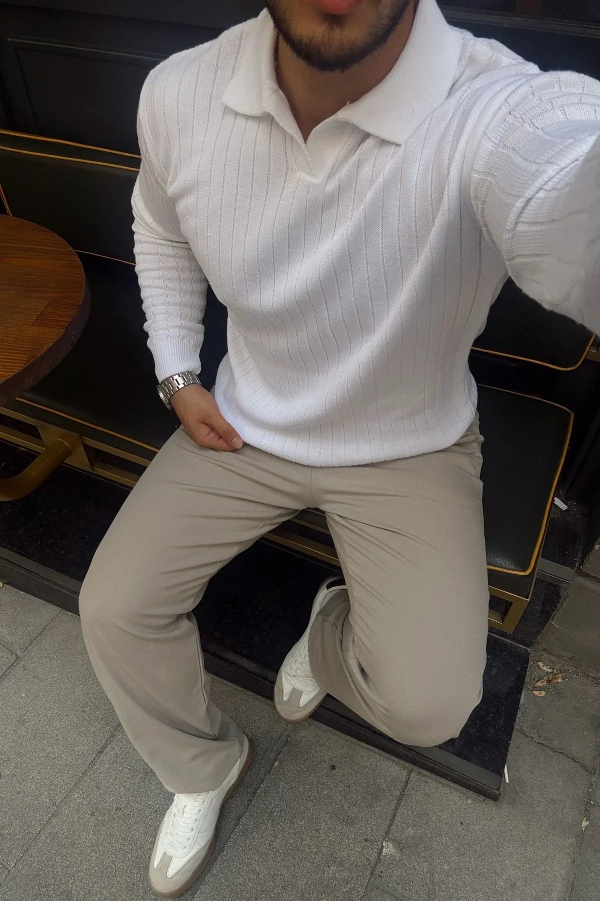 Kimi Fitilli Erkek Triko Polo Yaka Regular Kalıp Uzun Kollu Tişört