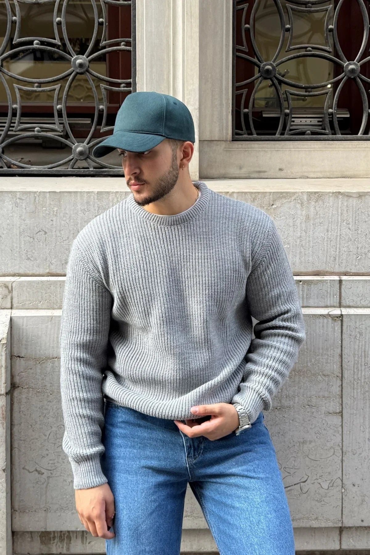 Koba Erkek Selanik Örgü Oversize Bisiklet Yaka Kalın Kazak