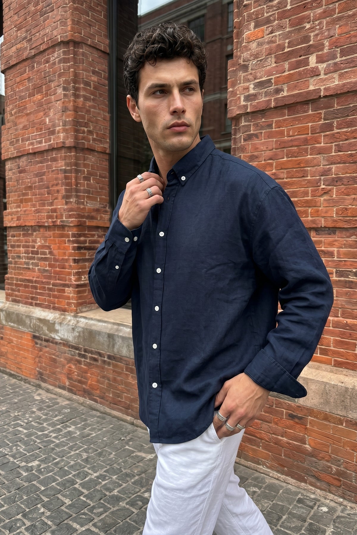 Kora Premium %100 Pamuk Keten Oversize Erkek Düğmeli Yaka Gömlek