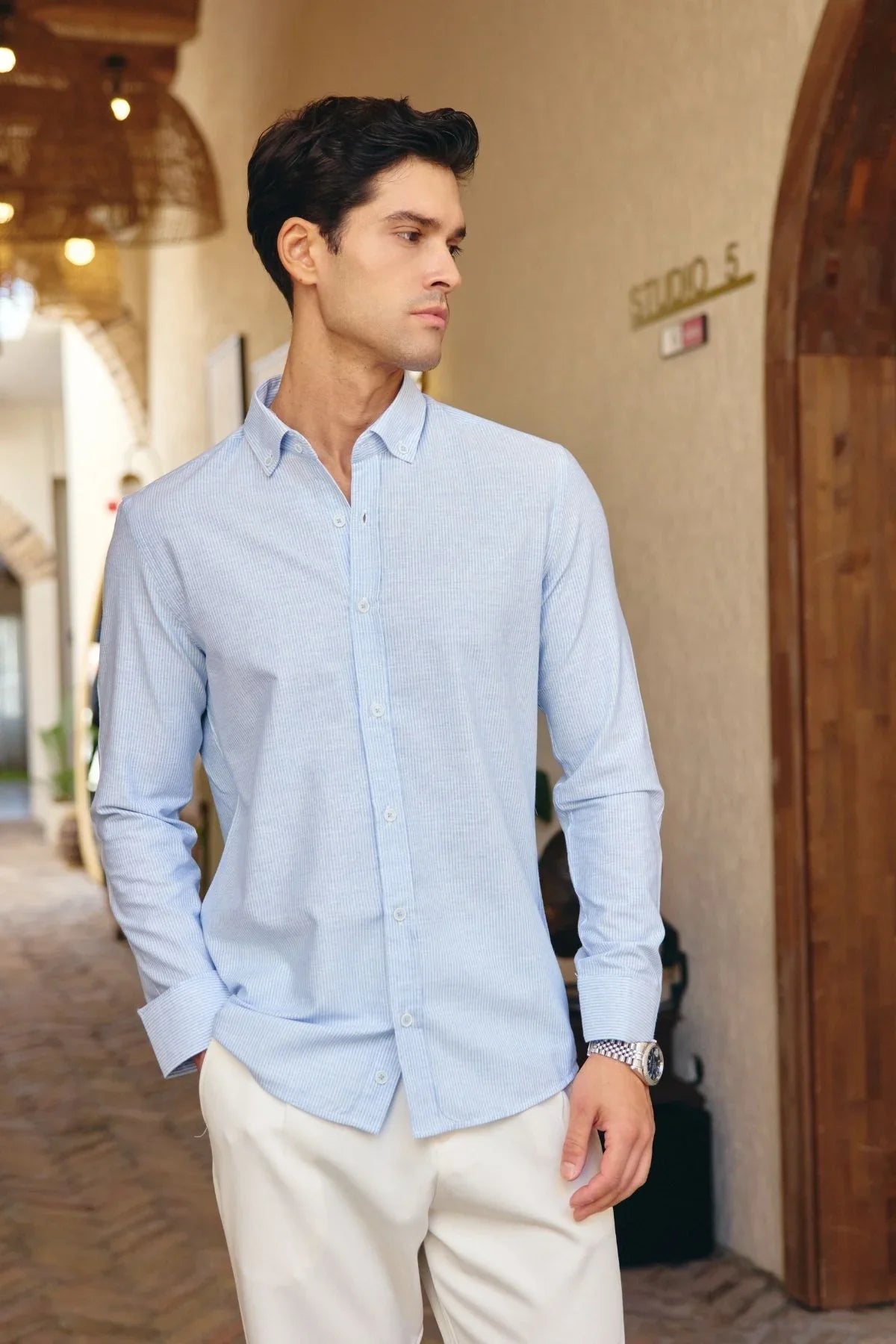 kure-erkek-gomlek-modern-slim-fit-keten-gorunumlu-ince-ve-sik-cizgili-doku-24236 - Livio Ferri