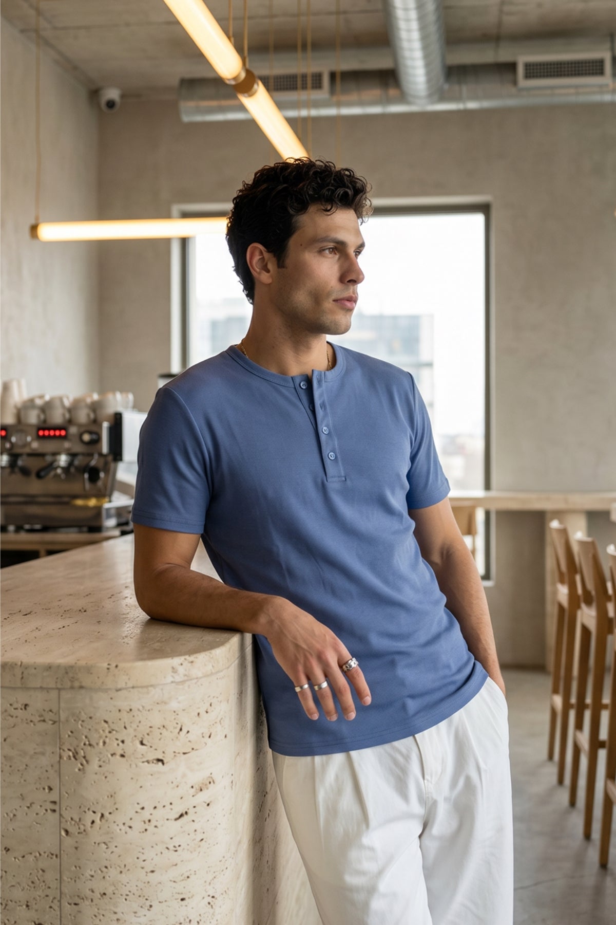Liiri %100 Pamuk Premium Fitilli Henley Yaka Yarım Düğmeli Regular Fit Basic Yazlık Erkek Tişört