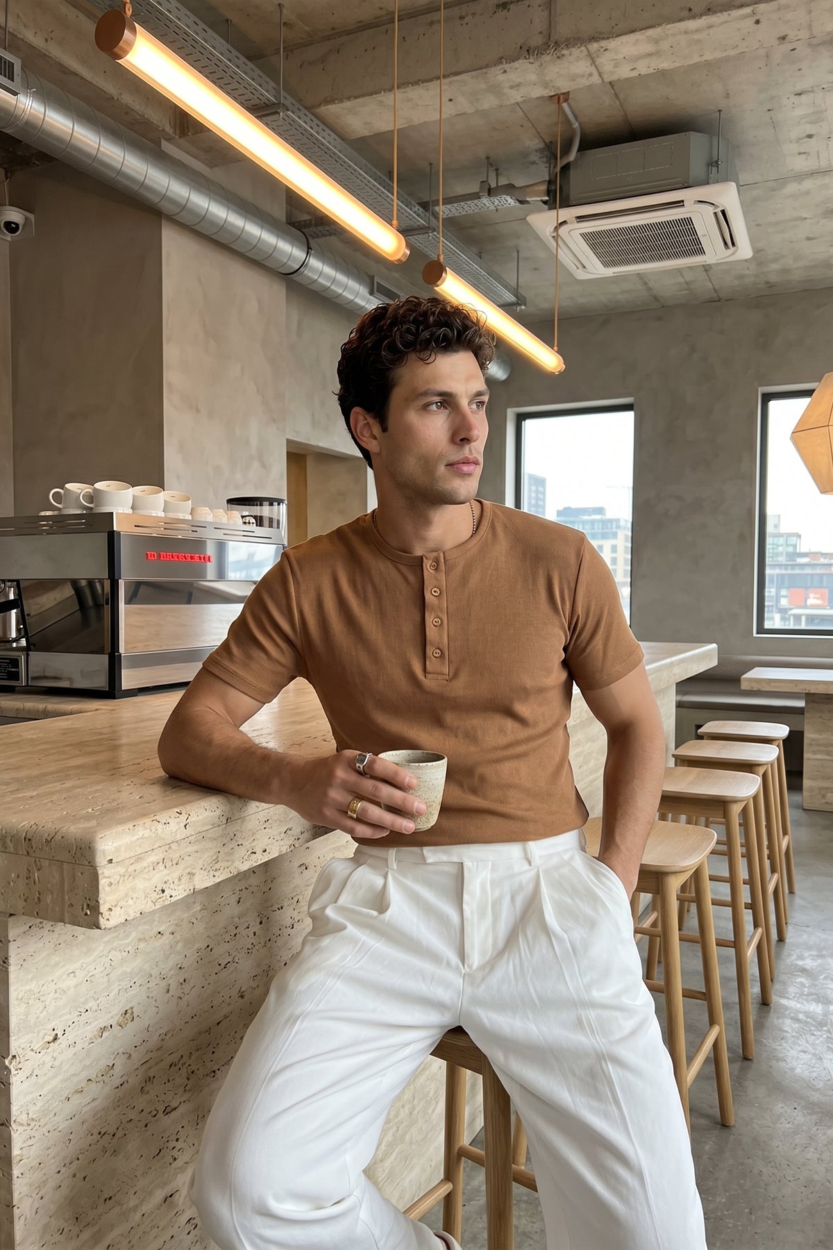 Liiri %100 Pamuk Premium Fitilli Henley Yaka Yarım Düğmeli Regular Fit Basic Yazlık Erkek Tişört
