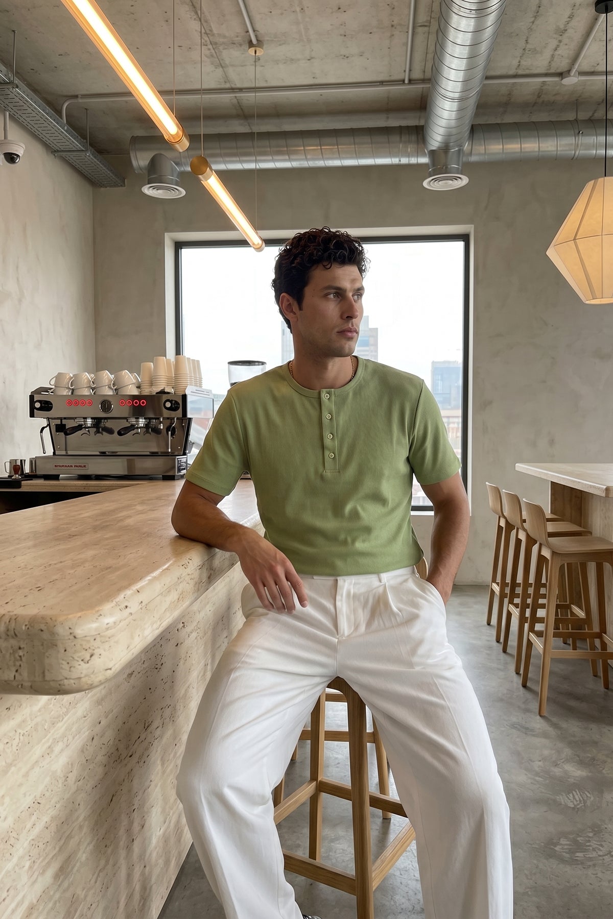 Liiri %100 Pamuk Premium Fitilli Henley Yaka Yarım Düğmeli Regular Fit Basic Yazlık Erkek Tişört