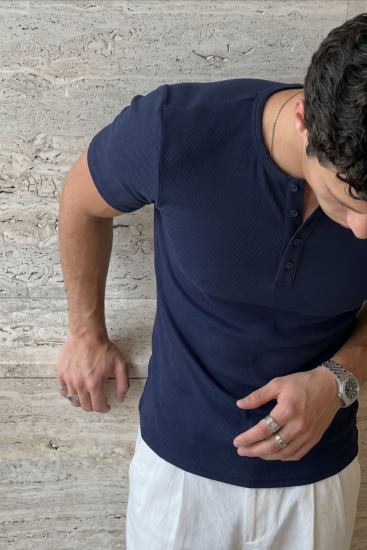 Liiri %100 Pamuk Premium Fitilli Yarım Düğmeli Erkek Tişört Regular Fit Basic Yazlık Tişört