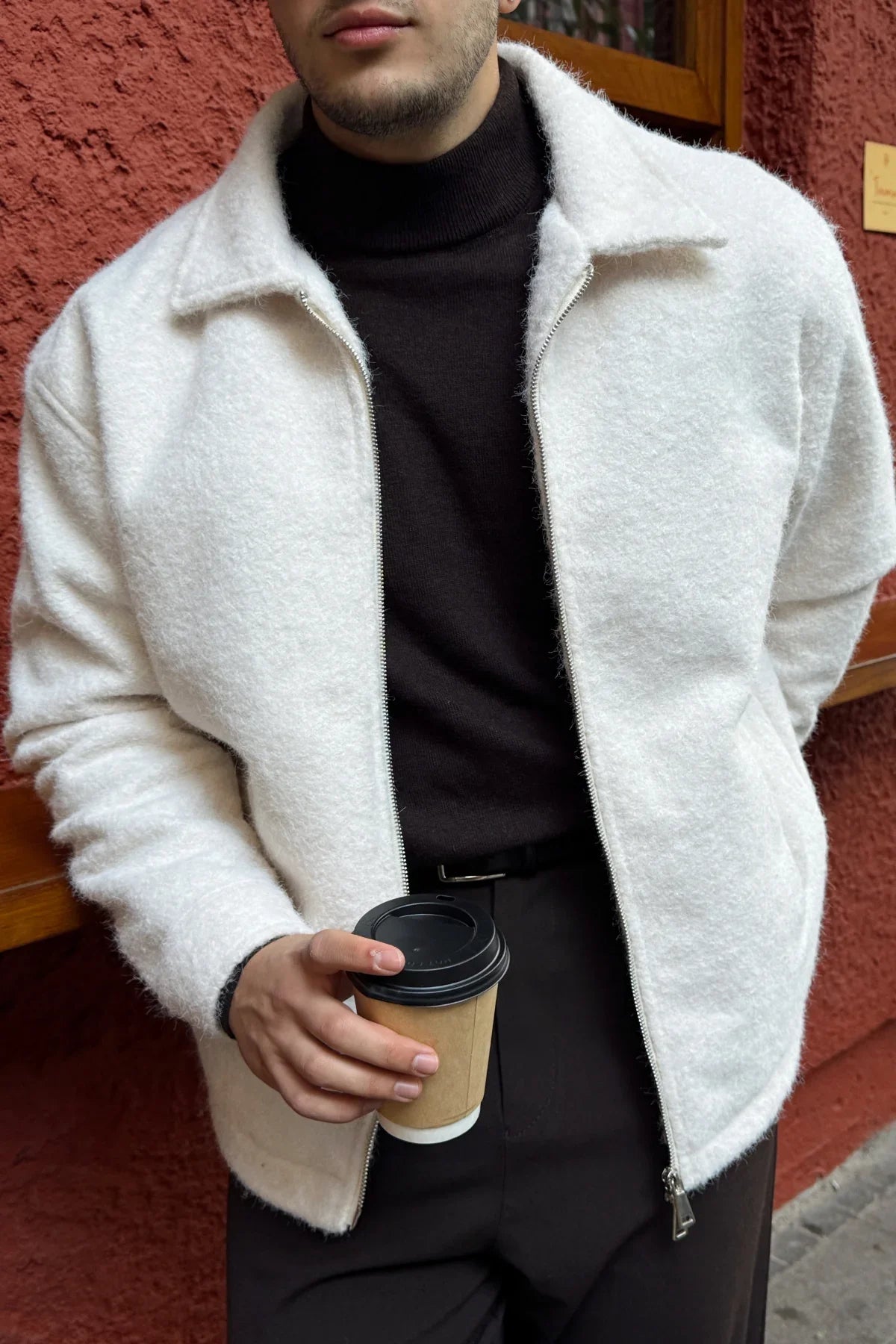 Lupi Çift Fermuarlı Astarlı Erkek Kaşe Kaban Sıcak Tutan Polo Yaka