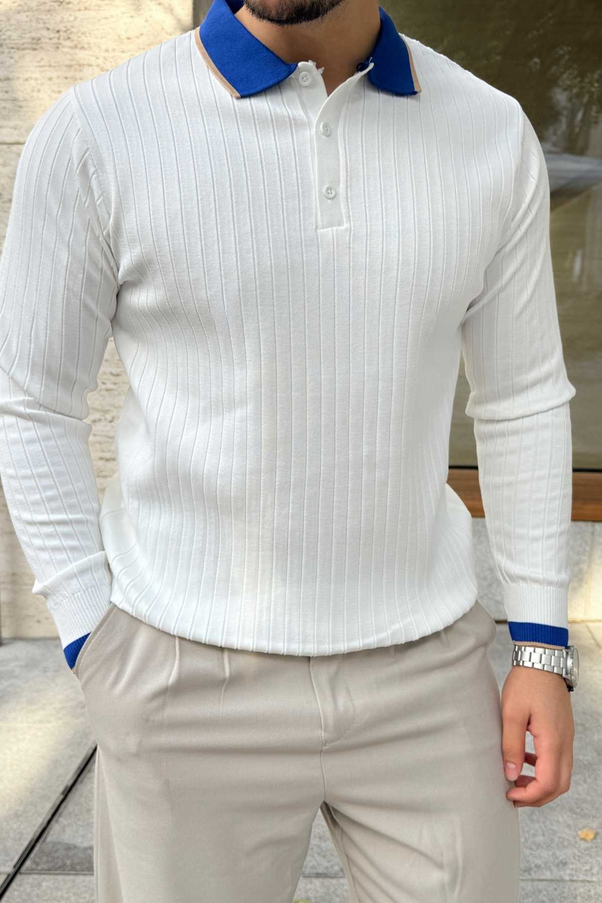 Luzi Çizgi Desenli Polo Yaka Premium Erkek Triko Kazak