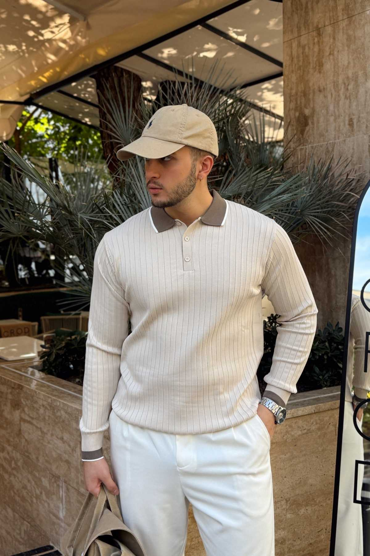Luzi Çizgi Desenli Polo Yaka Premium Erkek Triko Kazak