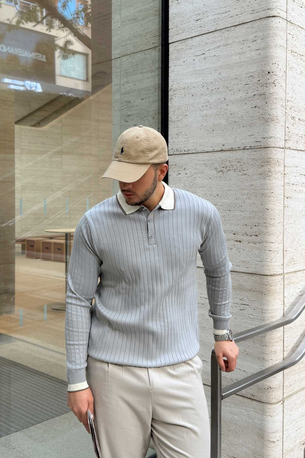 Luzi Çizgi Desenli Polo Yaka Premium Erkek Triko Kazak