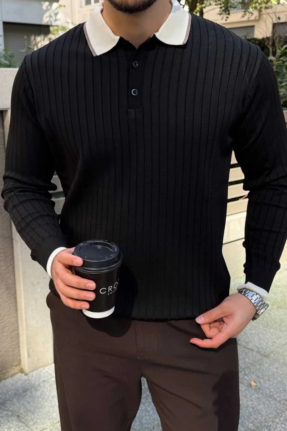 Luzi Çizgi Desenli Polo Yaka Premium Erkek Triko Kazak