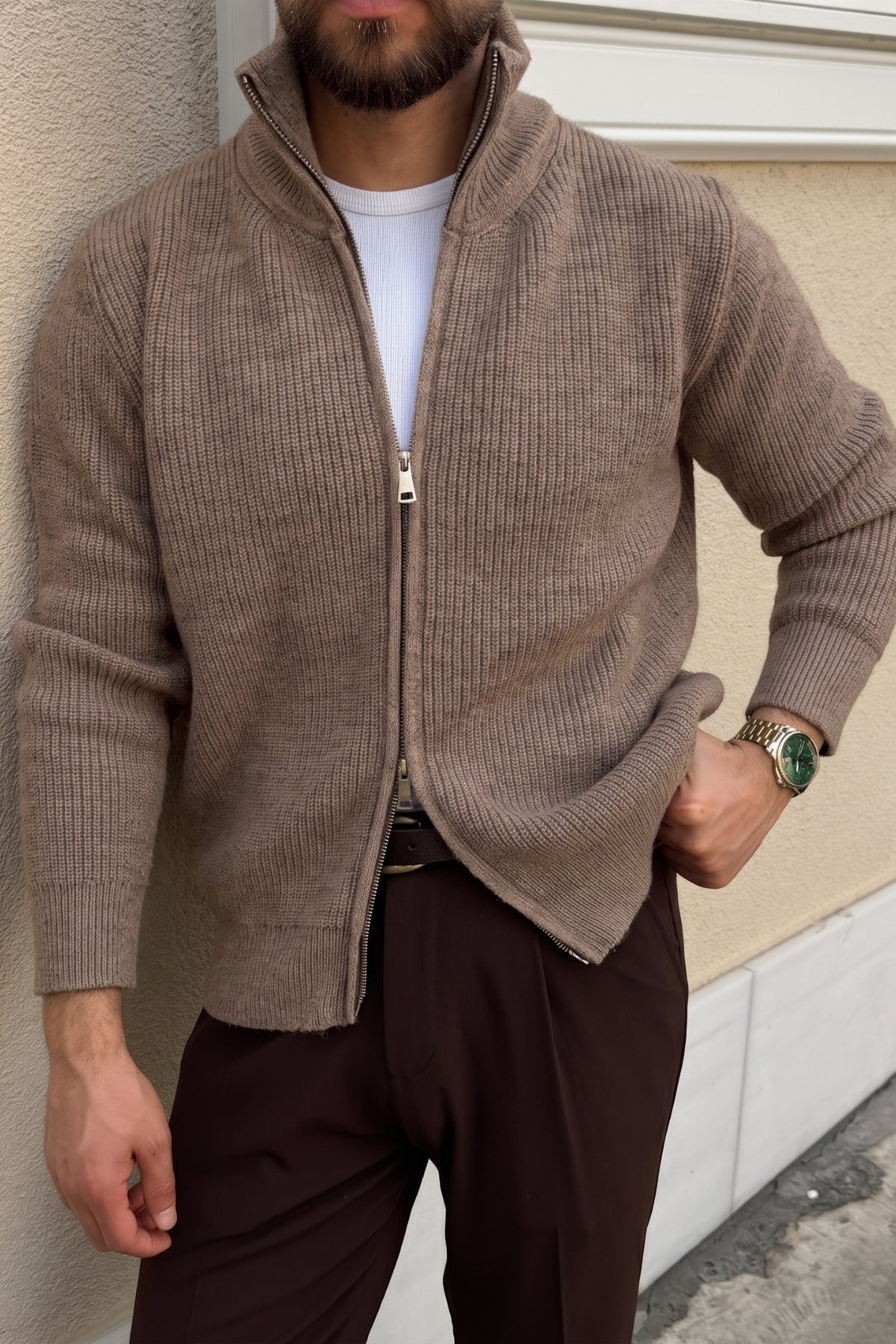 Marco Dikey Örgü Dik Yaka Çift Fermuarlı Regular Fit Erkek Triko Hırka