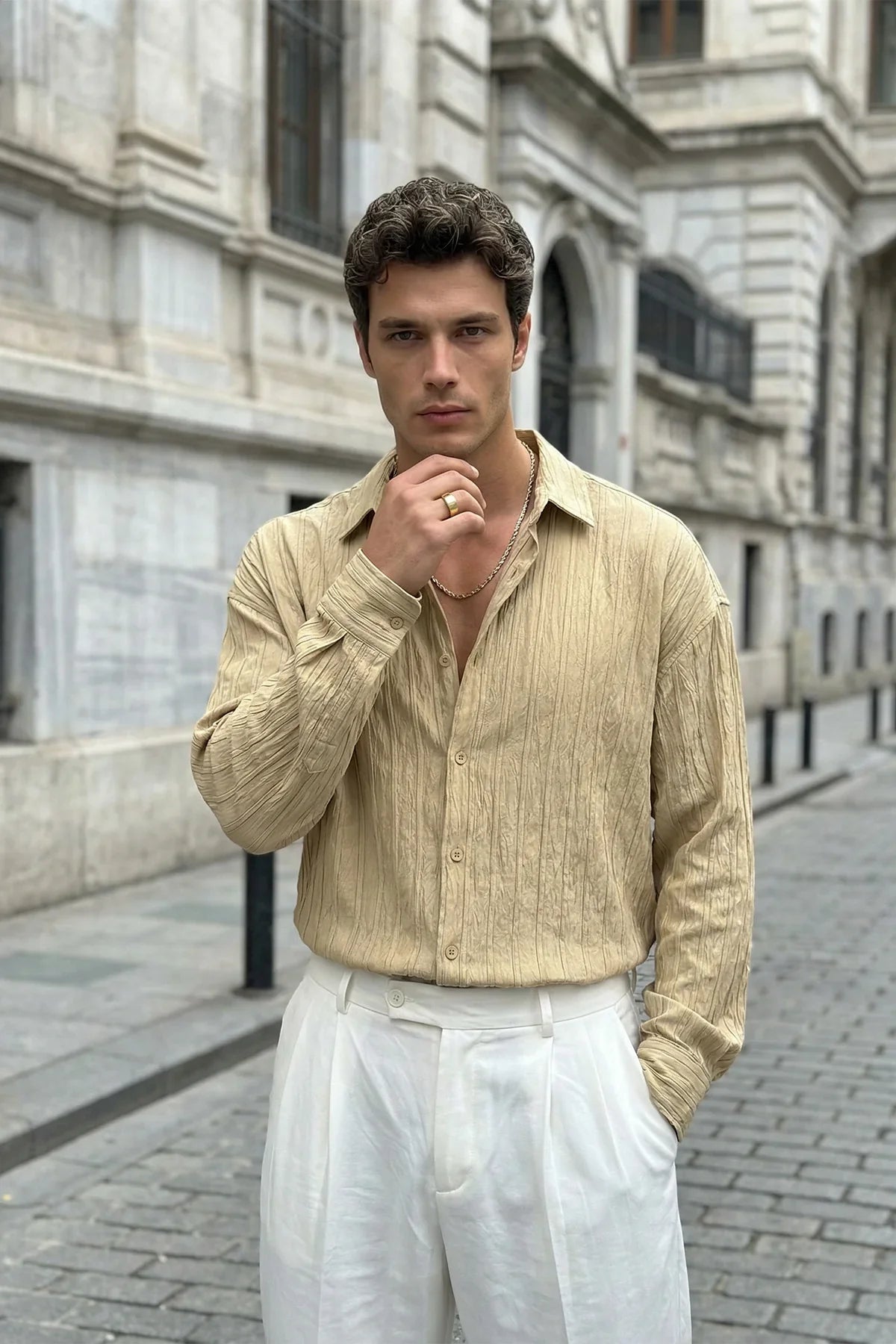 Maze Premium Oversize Erkek Gömlek Dokulu Çizgili - Livio Ferri