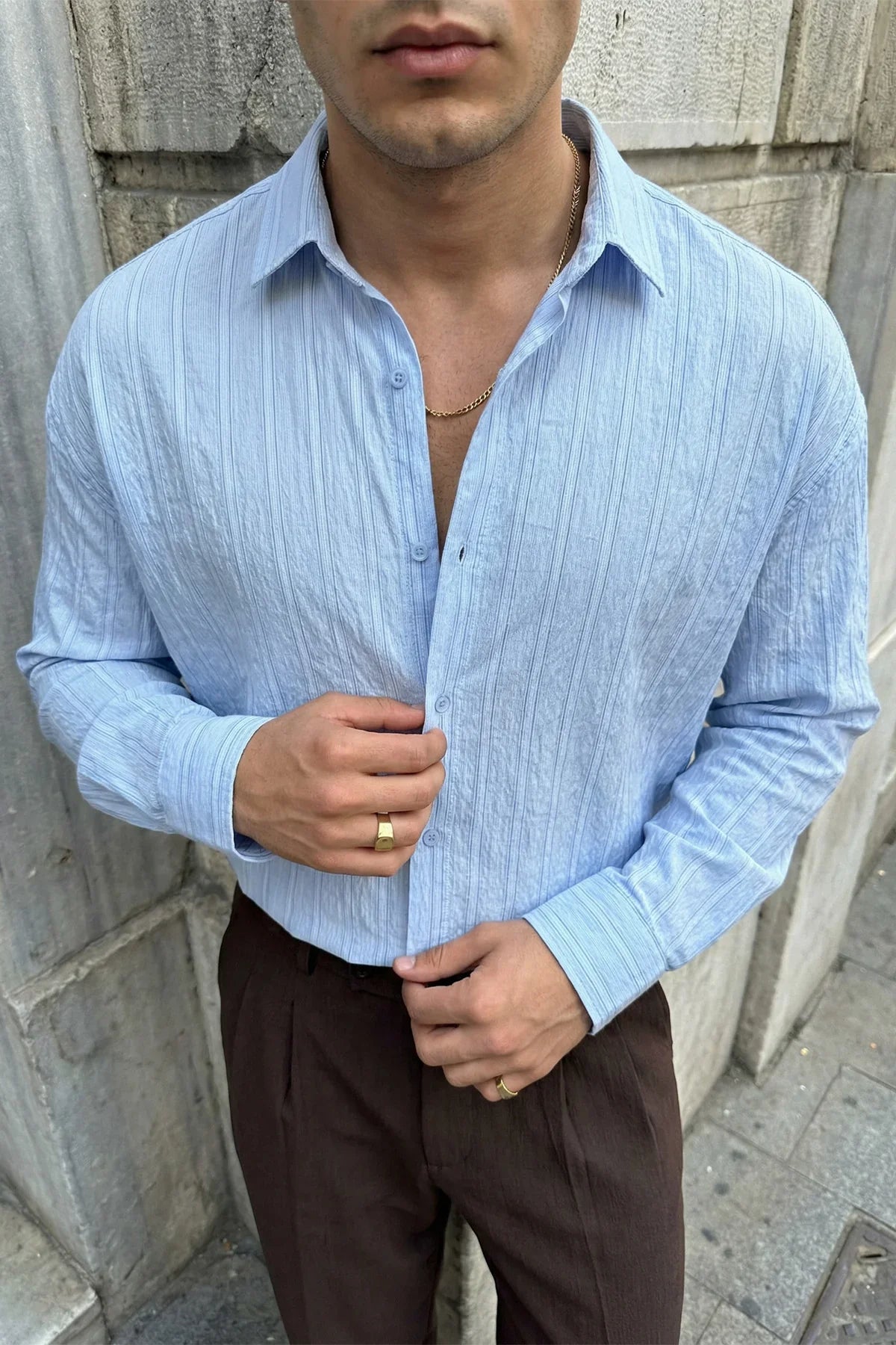 Maze Premium Oversize Erkek Gömlek Dokulu Çizgili - Livio Ferri