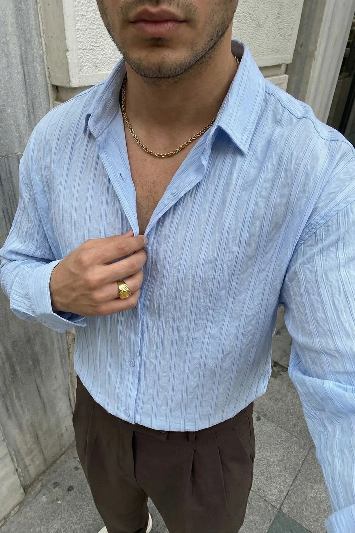 Maze Premium Oversize Erkek Gömlek Dokulu Çizgili - Livio Ferri
