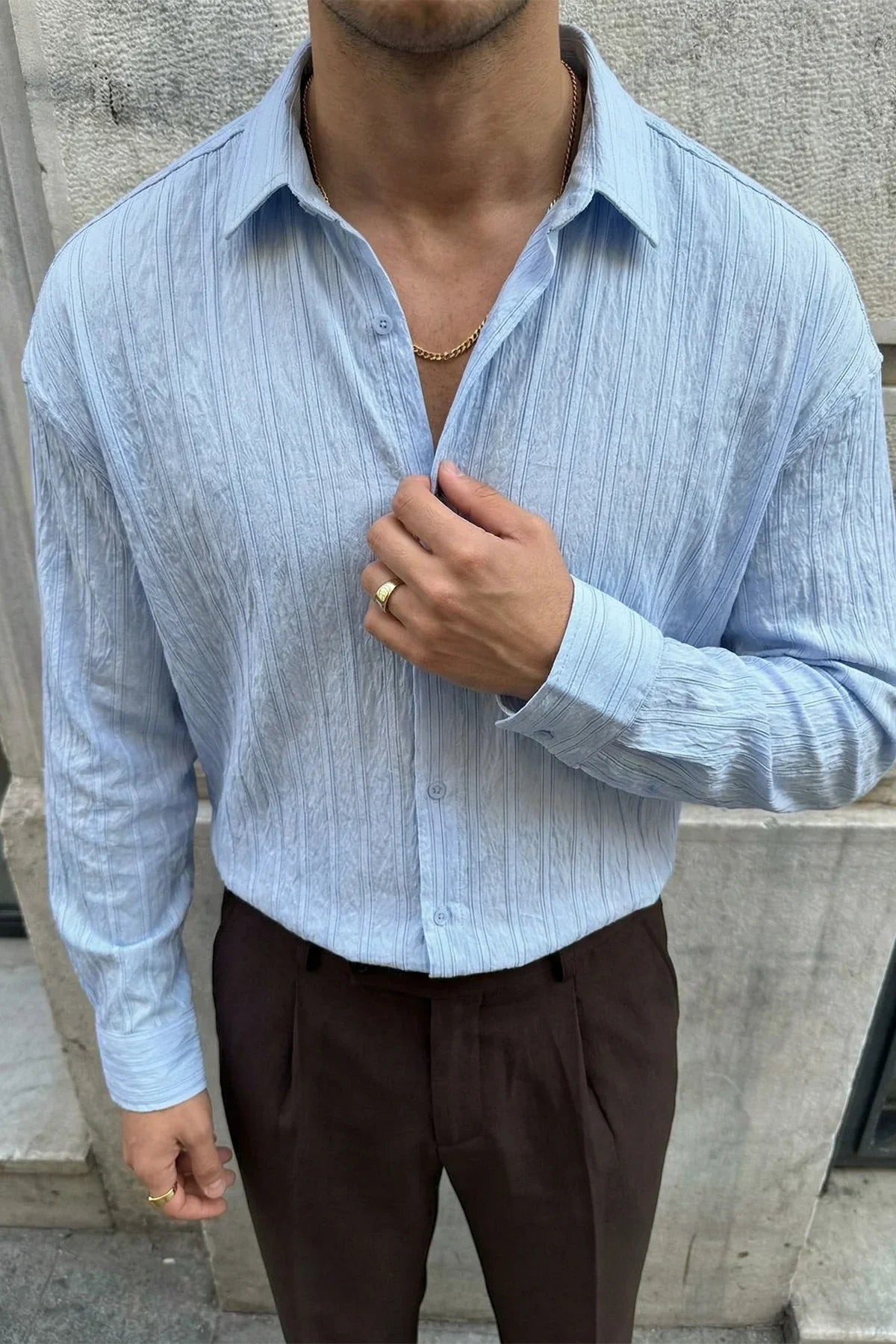 Maze Premium Oversize Erkek Gömlek Dokulu Çizgili - Livio Ferri