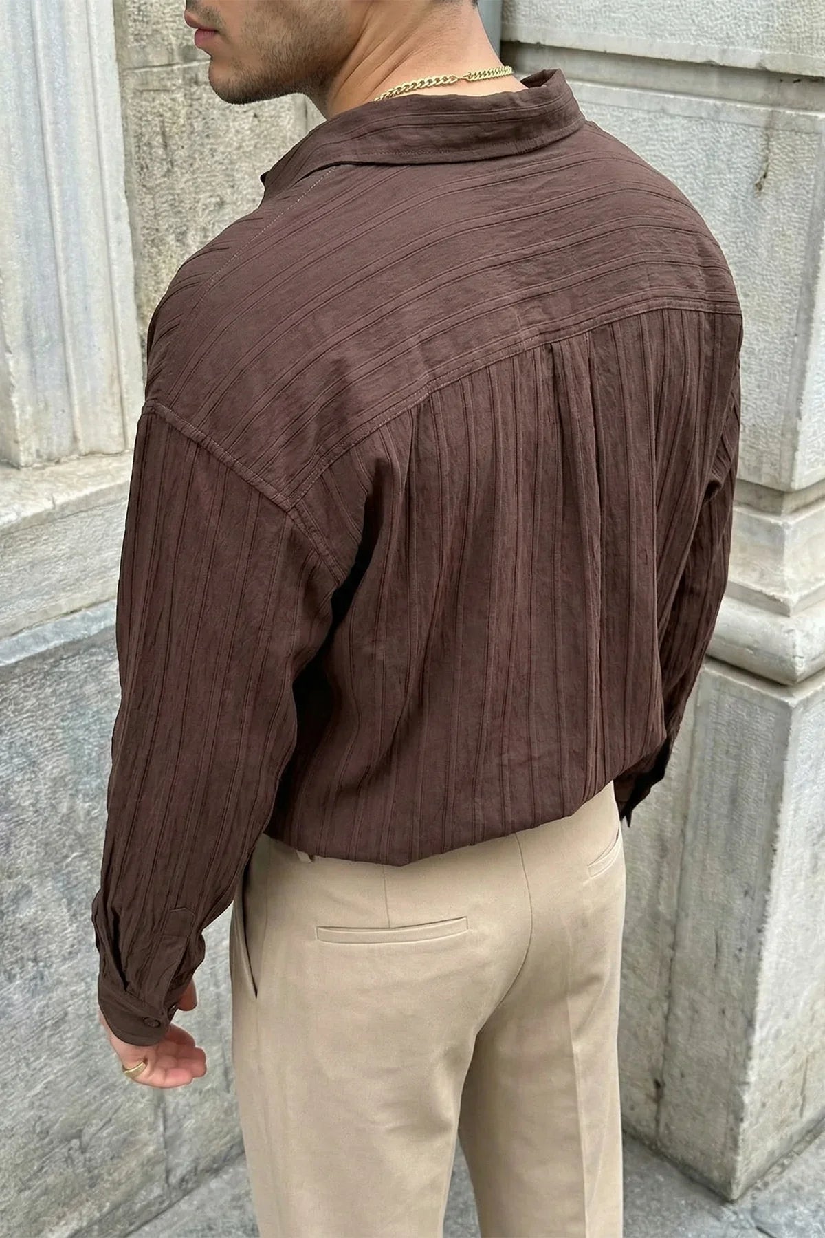 Maze Premium Oversize Erkek Gömlek Dokulu Çizgili - Livio Ferri