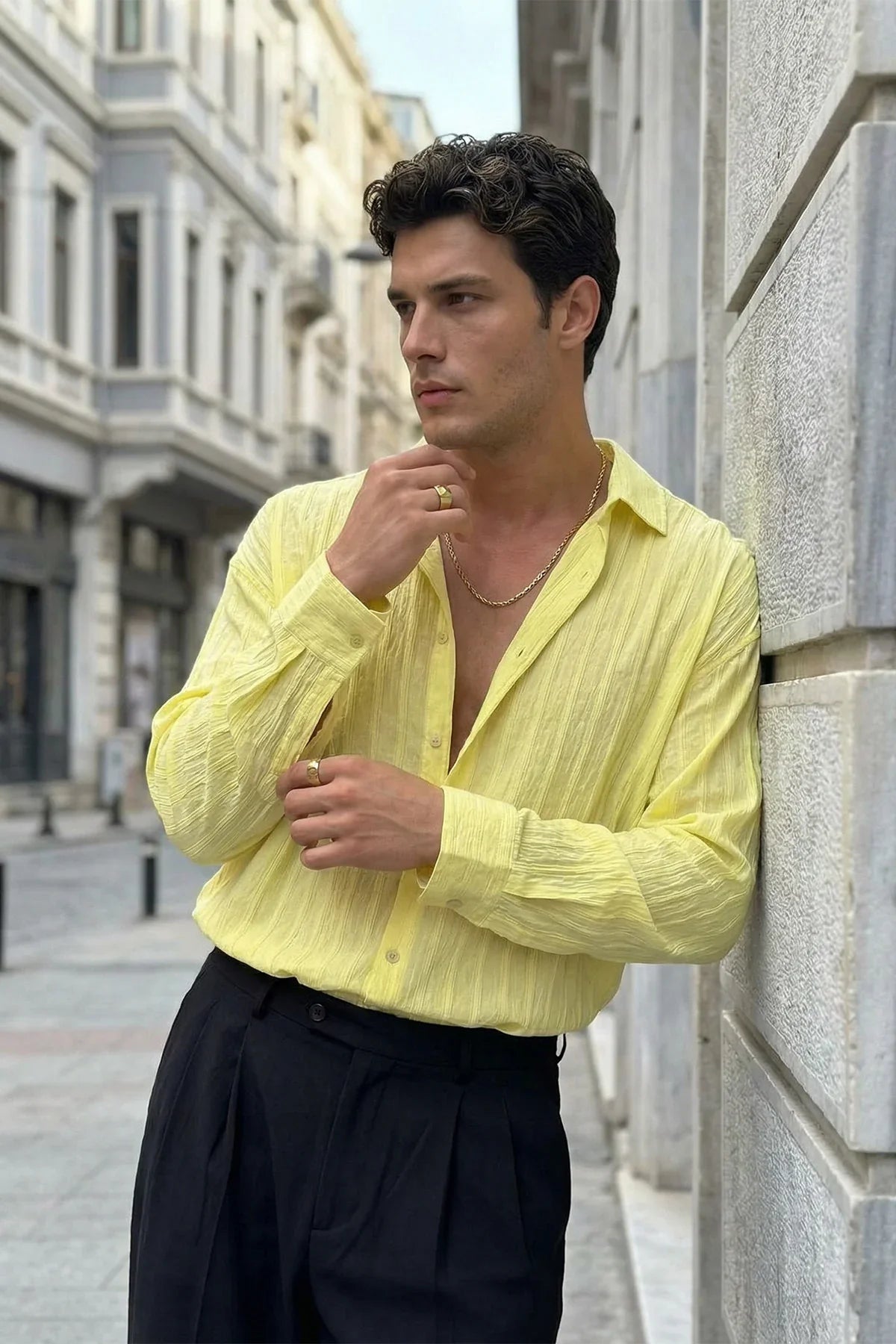 Maze Premium Oversize Erkek Gömlek Dokulu Çizgili - Livio Ferri