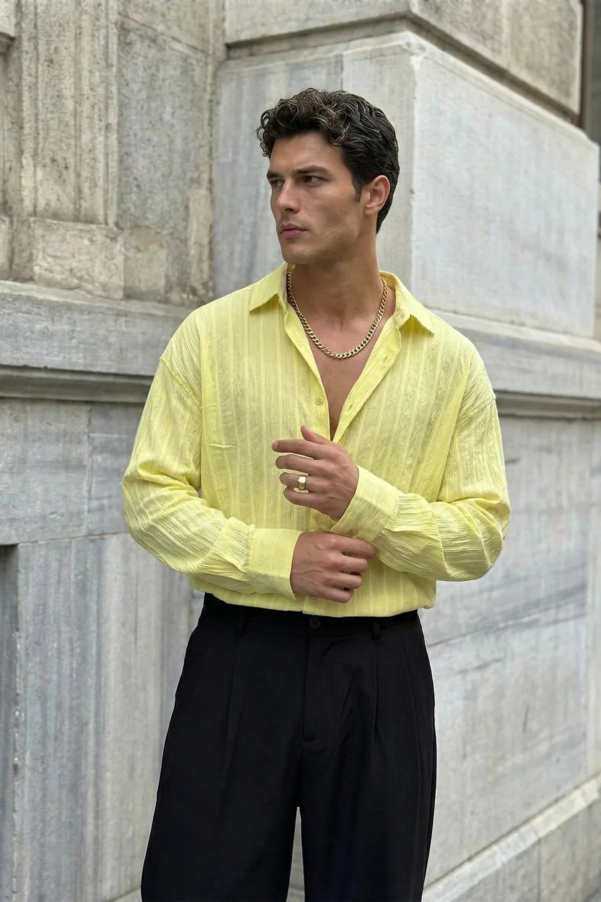 Maze Premium Oversize Erkek Gömlek Dokulu Çizgili - Livio Ferri