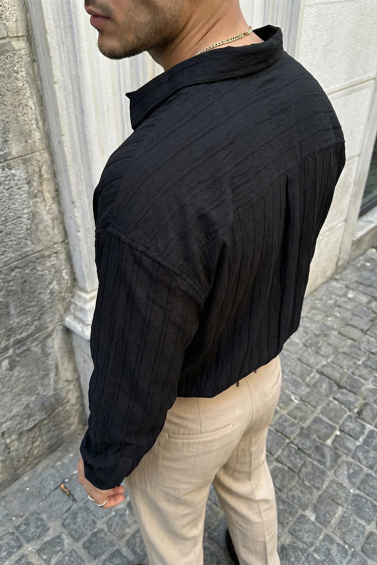 Maze Premium Oversize Erkek Gömlek Dokulu Çizgili - Livio Ferri