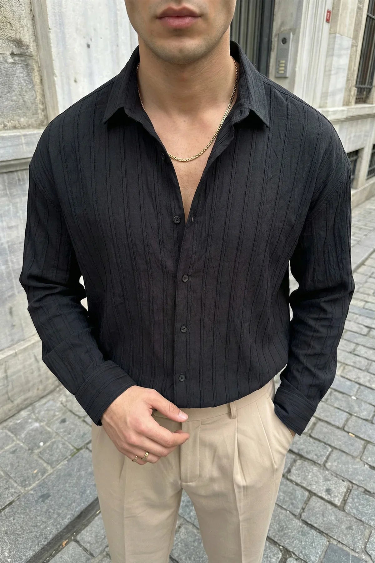 Maze Premium Oversize Erkek Gömlek Dokulu Çizgili - Livio Ferri