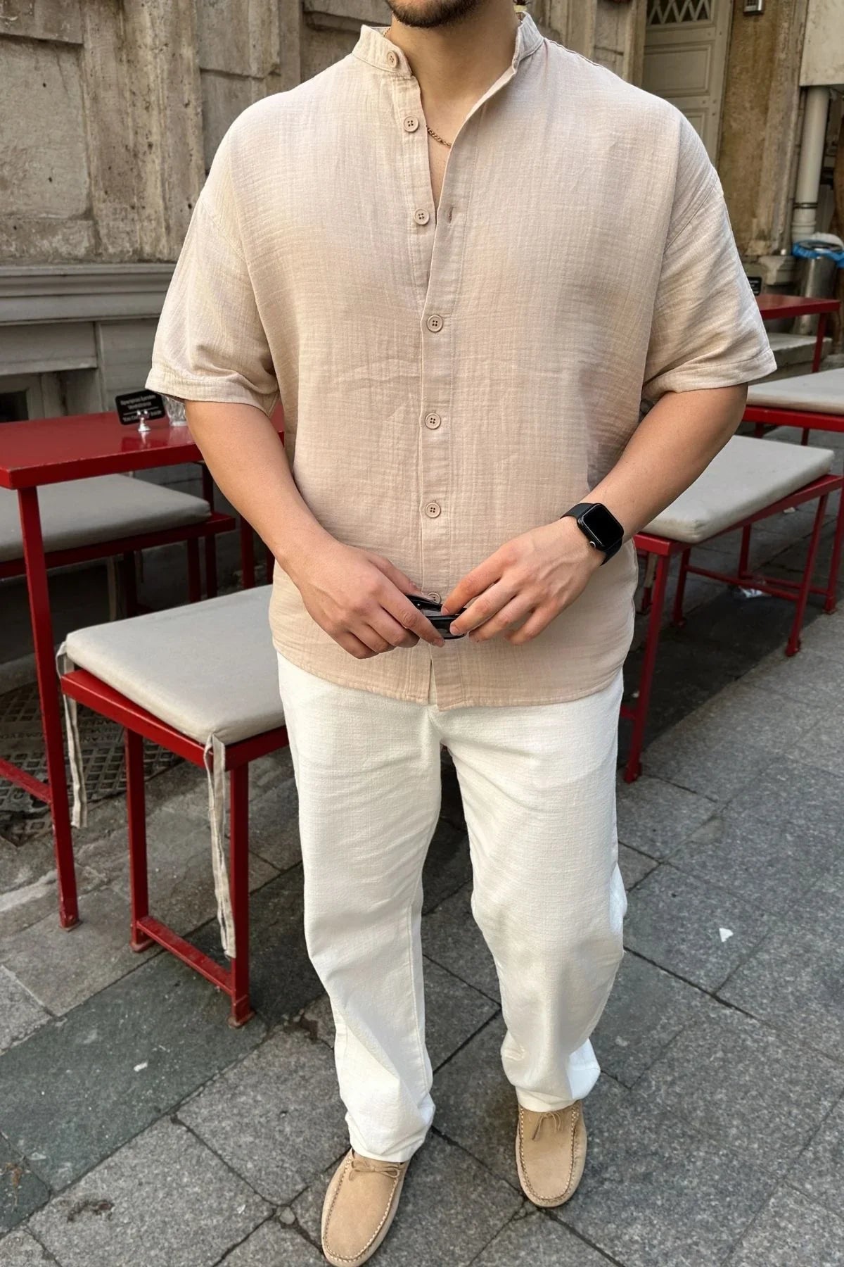 mingan-erkek-yazlik-pamuk-gomlek-hakim-yaka-kisa-kol-dugmeli-rahat-kalip-22584 - Livio Ferri