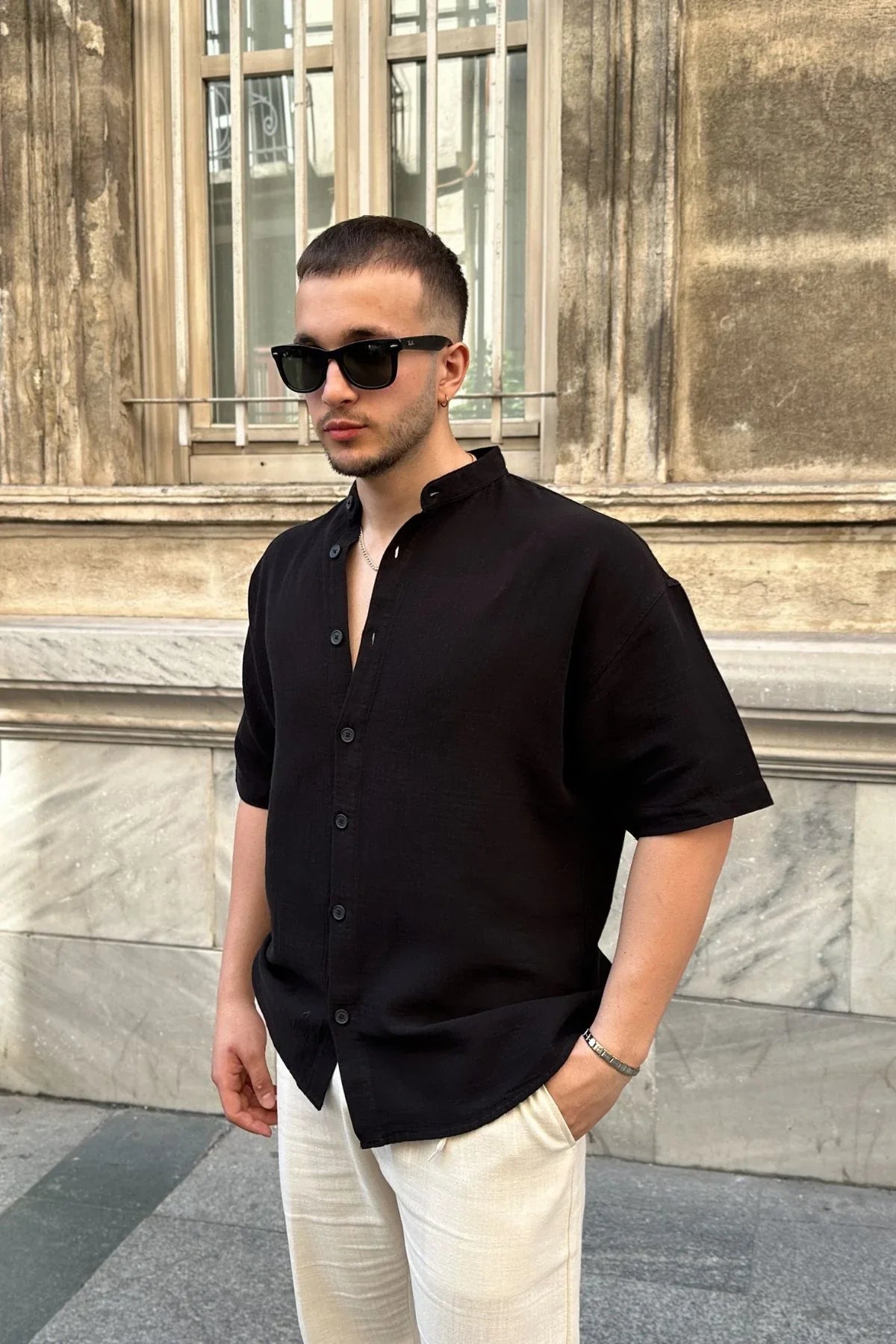 mingan-erkek-yazlik-pamuk-gomlek-hakim-yaka-kisa-kol-dugmeli-rahat-kalip-22604 - Livio Ferri