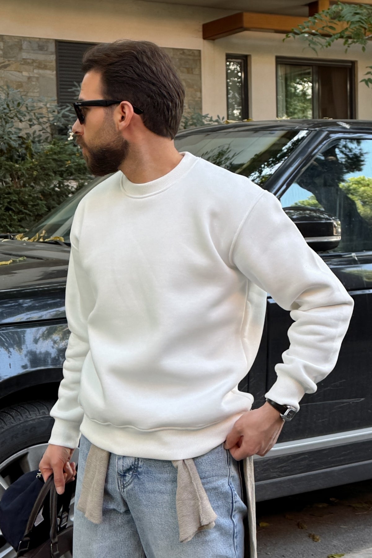 Mongo 3 İplik Şardonlu Basic Bisiklet Yaka Geniş Kalıp Erkek Sweatshirt