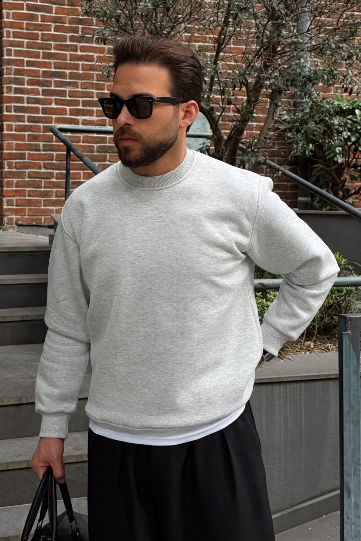 Mongo 3 İplik Şardonlu Basic Bisiklet Yaka Geniş Kalıp Erkek Sweatshirt