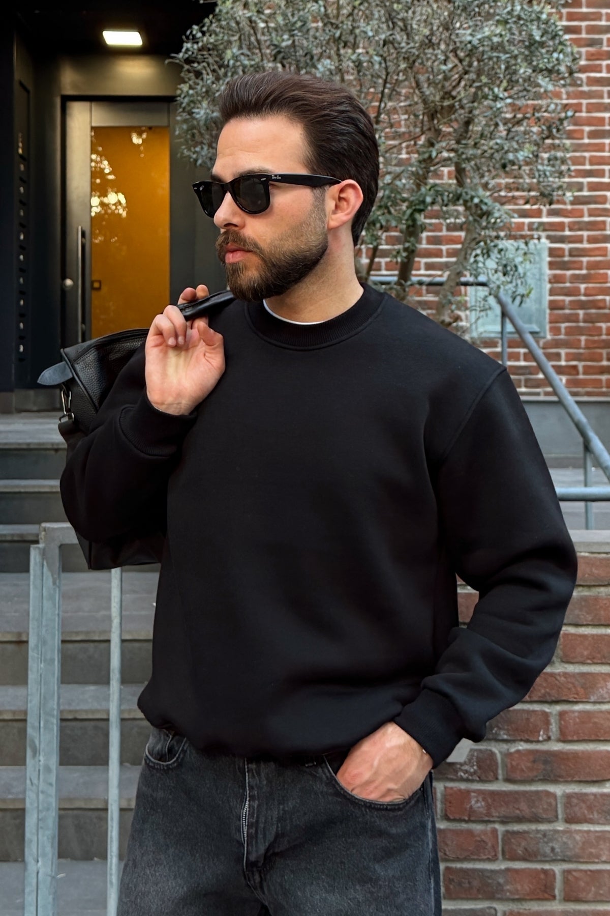 Mongo 3 İplik Şardonlu Basic Bisiklet Yaka Geniş Kalıp Erkek Sweatshirt