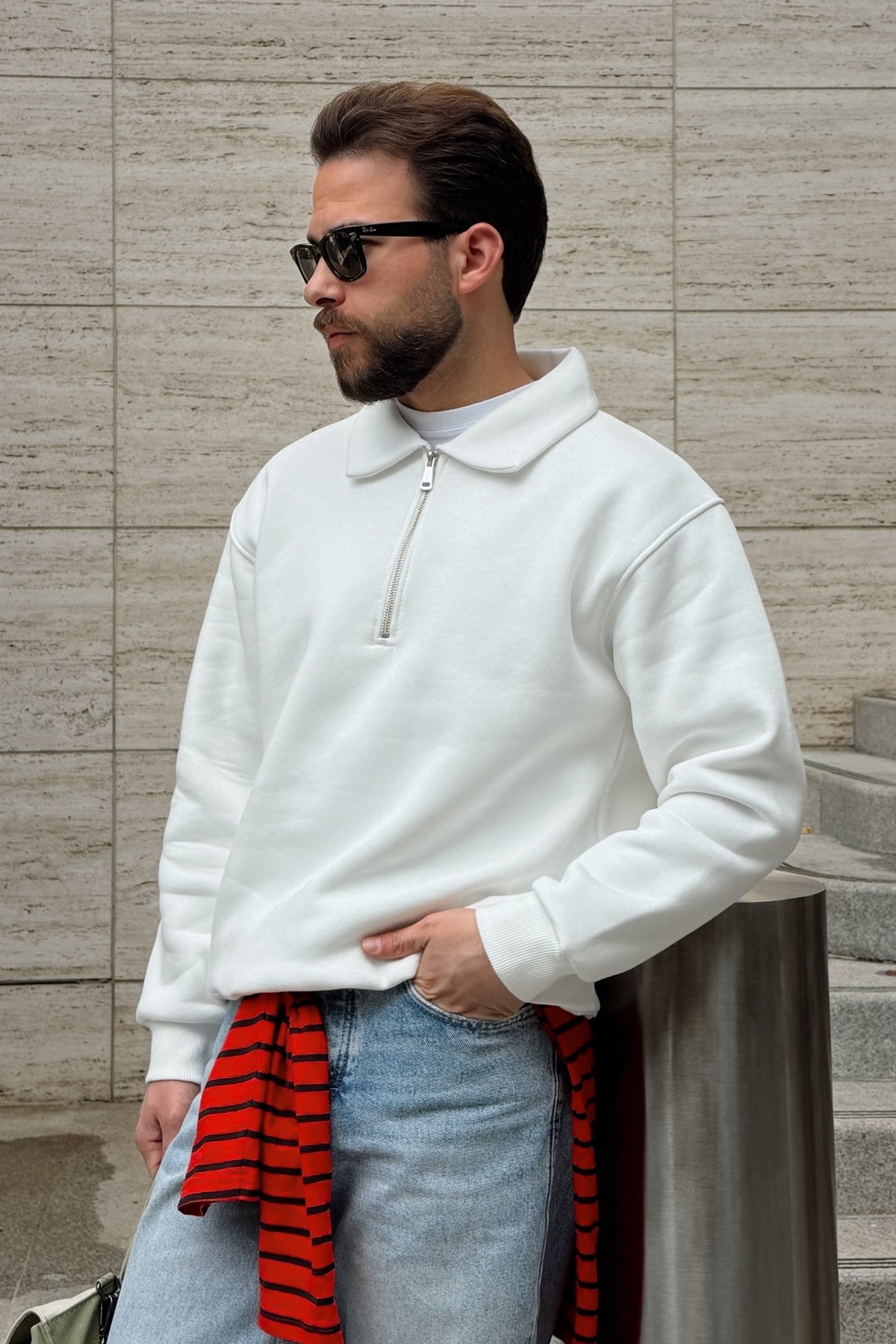 Naco 3 İplik Şardonlu Polo Yaka Yarım Fermuarlı Geniş Kalıp Erkek Sweatshirt