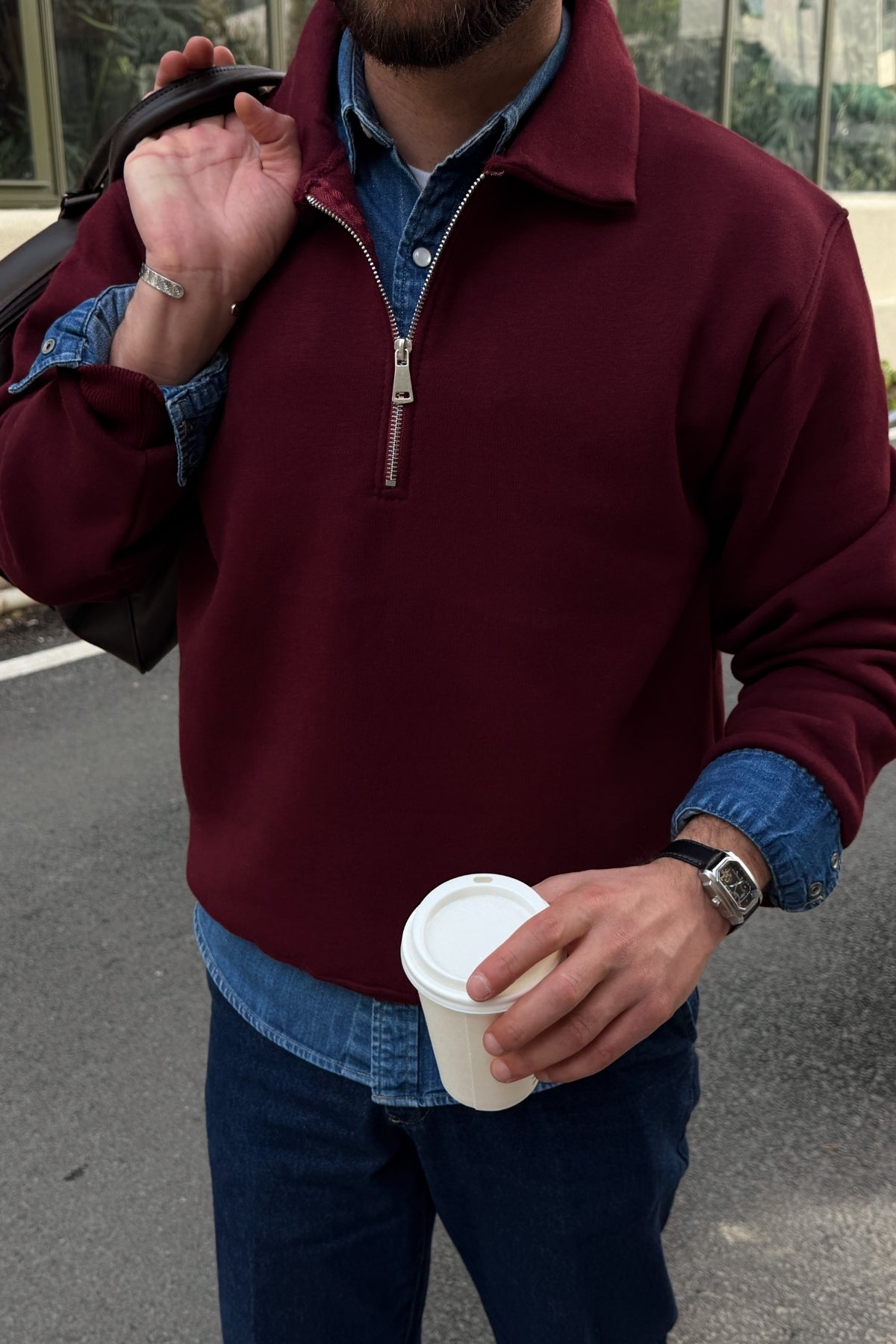 Naco 3 İplik Şardonlu Polo Yaka Yarım Fermuarlı Geniş Kalıp Erkek Sweatshirt