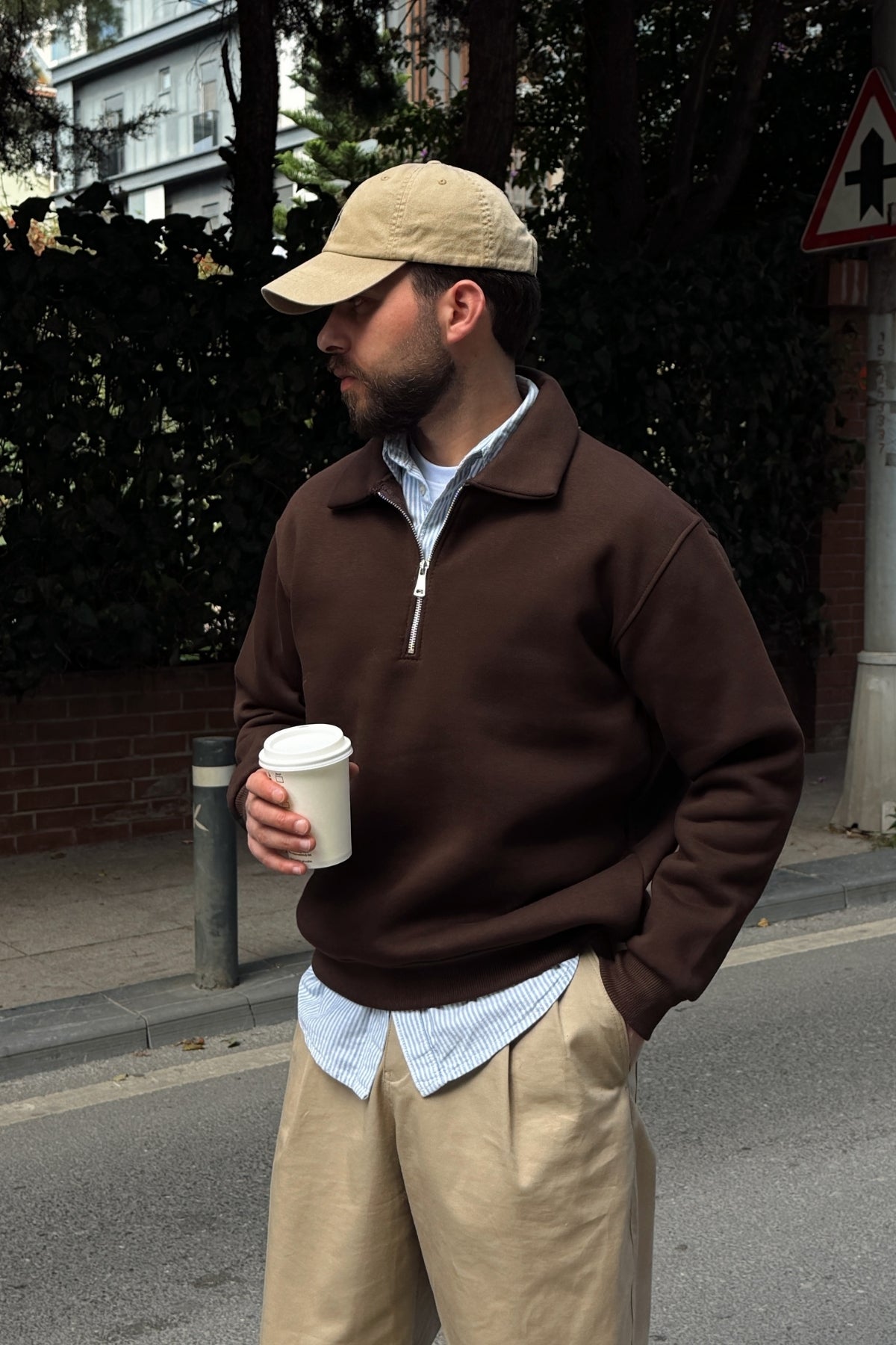 Naco 3 İplik Şardonlu Polo Yaka Yarım Fermuarlı Geniş Kalıp Erkek Sweatshirt