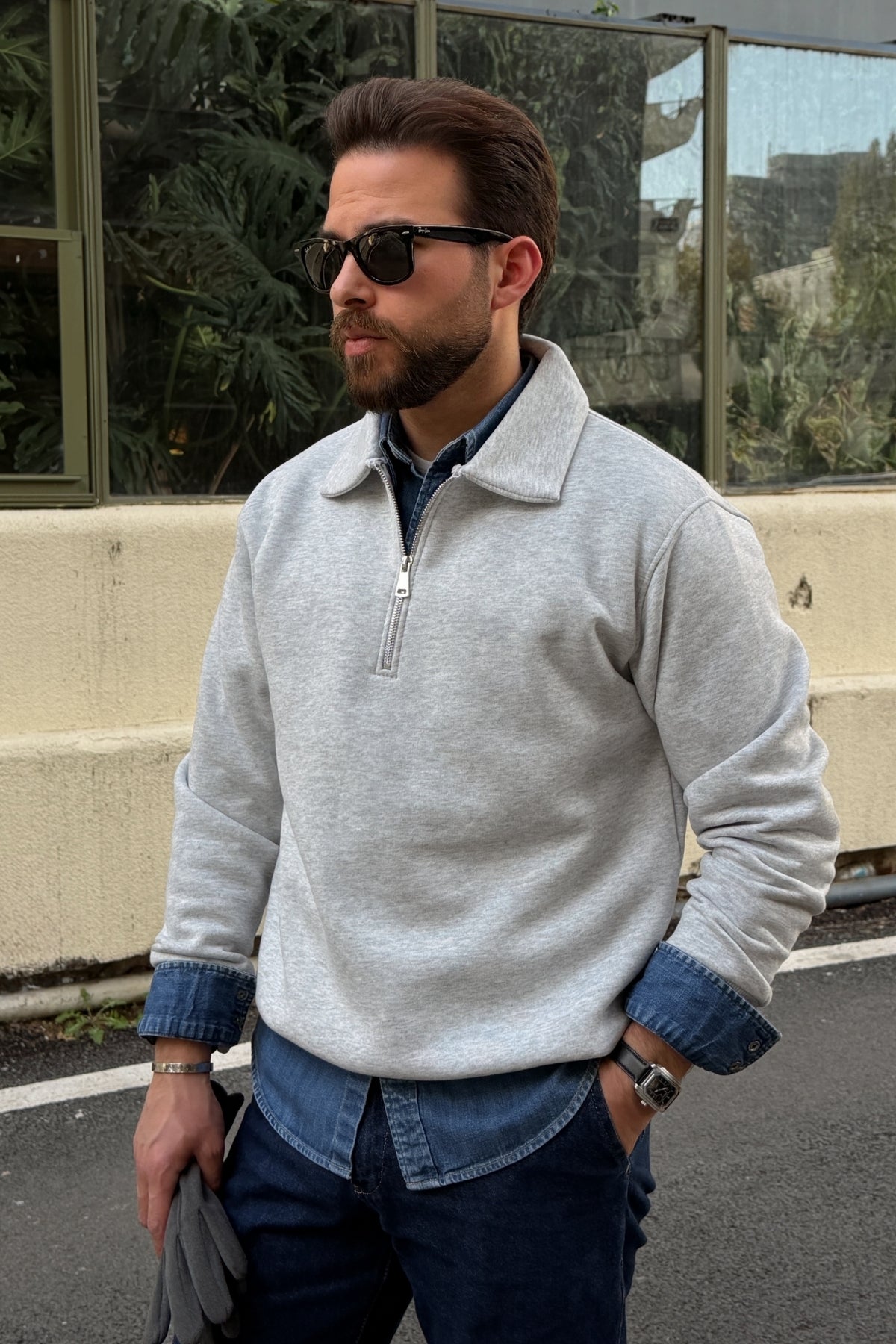 Naco 3 İplik Şardonlu Polo Yaka Yarım Fermuarlı Geniş Kalıp Erkek Sweatshirt