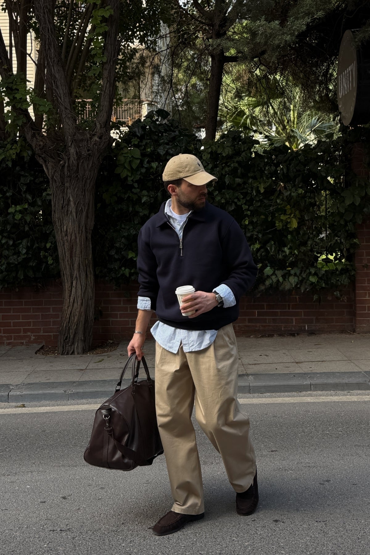 Naco 3 İplik Şardonlu Polo Yaka Yarım Fermuarlı Geniş Kalıp Erkek Sweatshirt