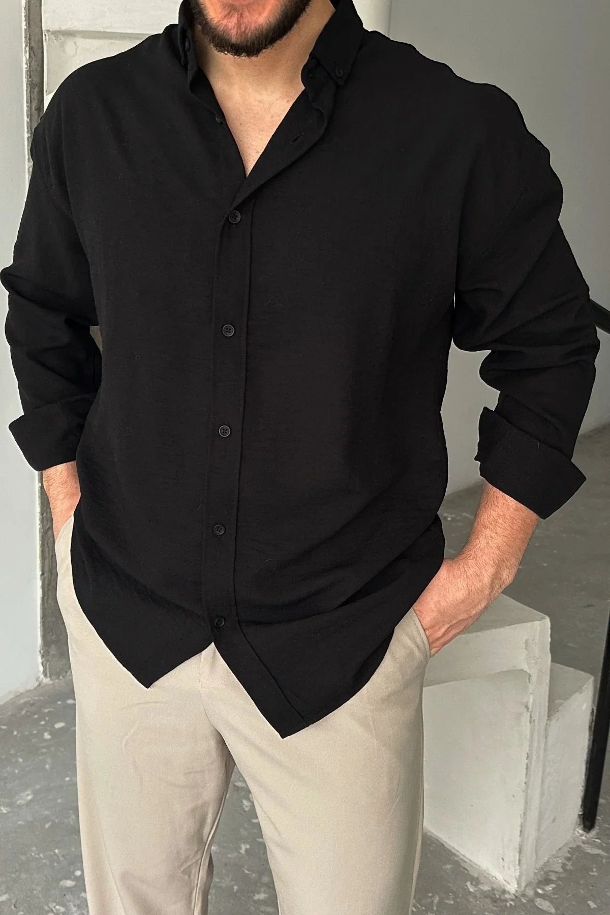 Napas Erkek Oversize Keten Görünümlü Gömlek