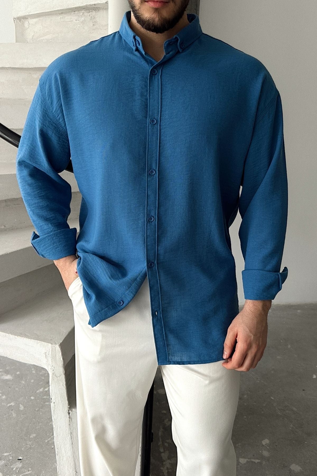 Napas Erkek Oversize Keten Görünümlü Gömlek
