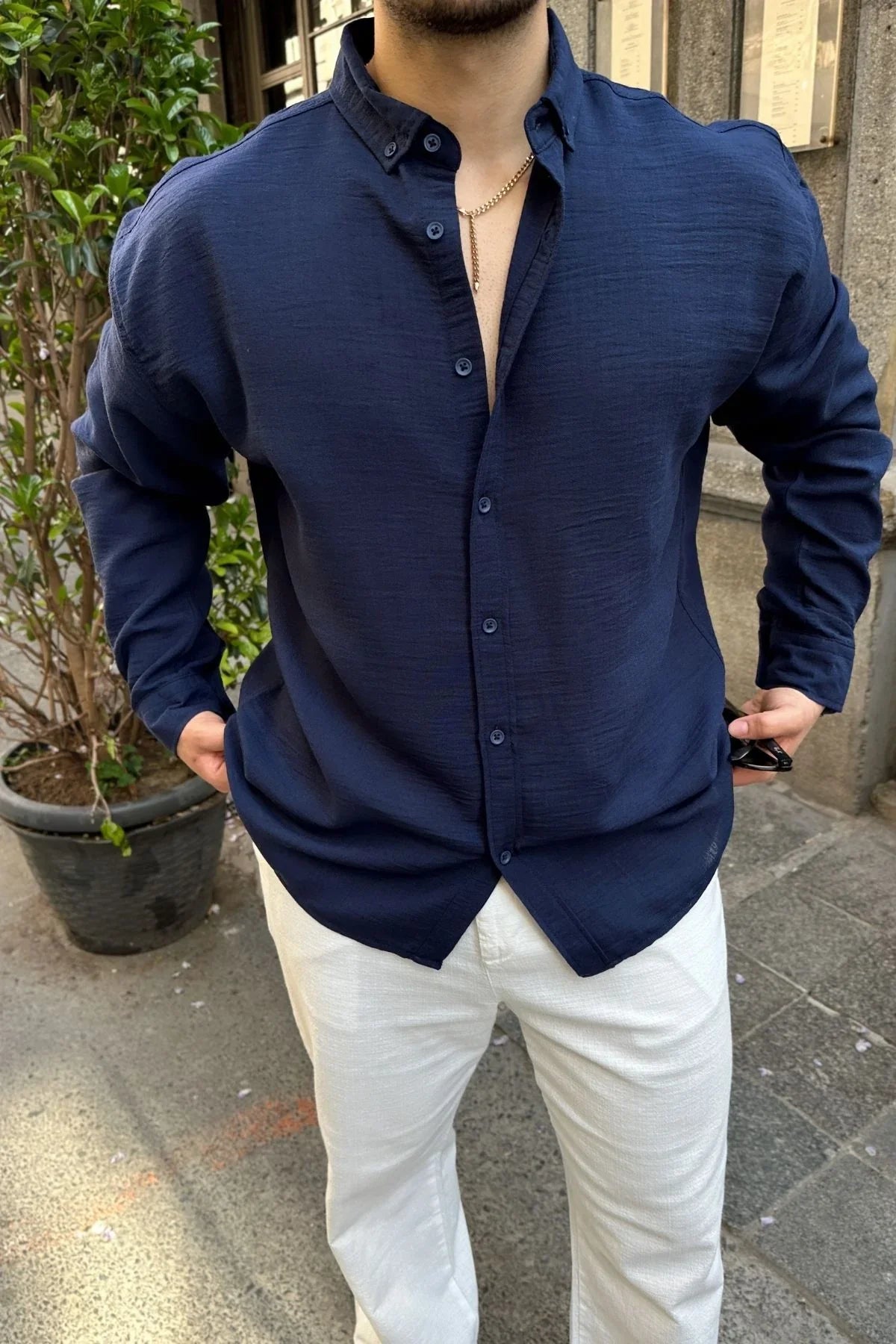 Napas Erkek Oversize Keten Görünümlü Gömlek