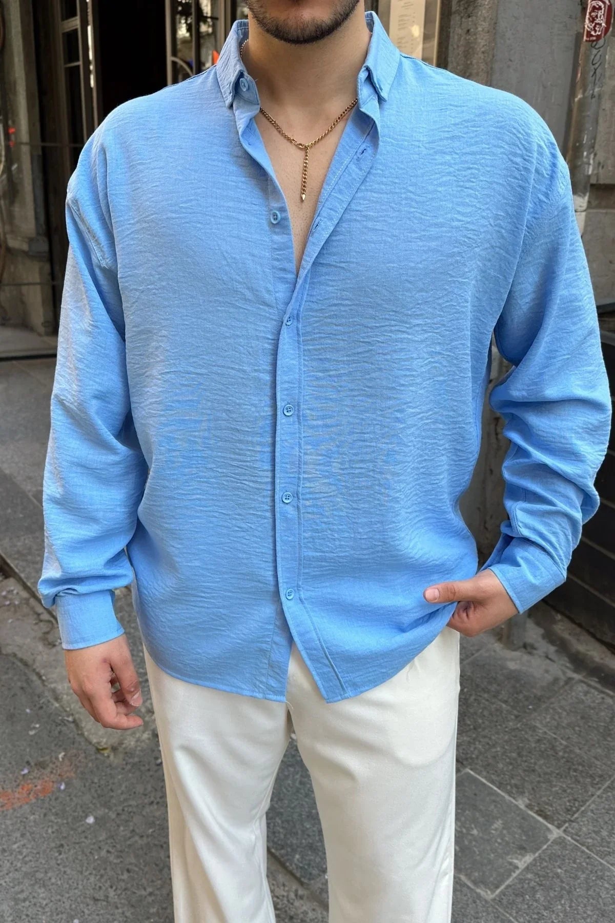 Napas Erkek Oversize Keten Görünümlü Gömlek