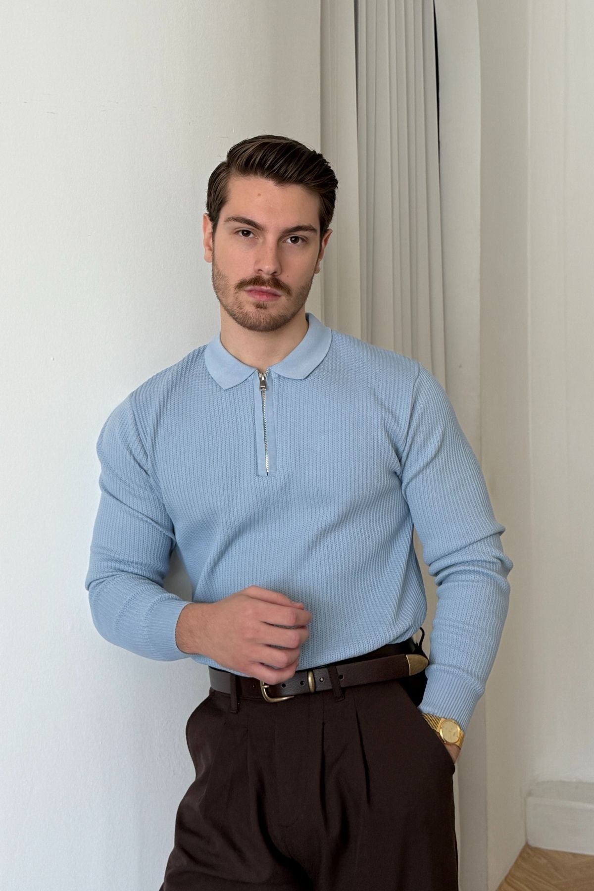 Noli Dokulu Yarım Fermuarlı Polo Yaka Regular Fit Erkek Triko Kazak